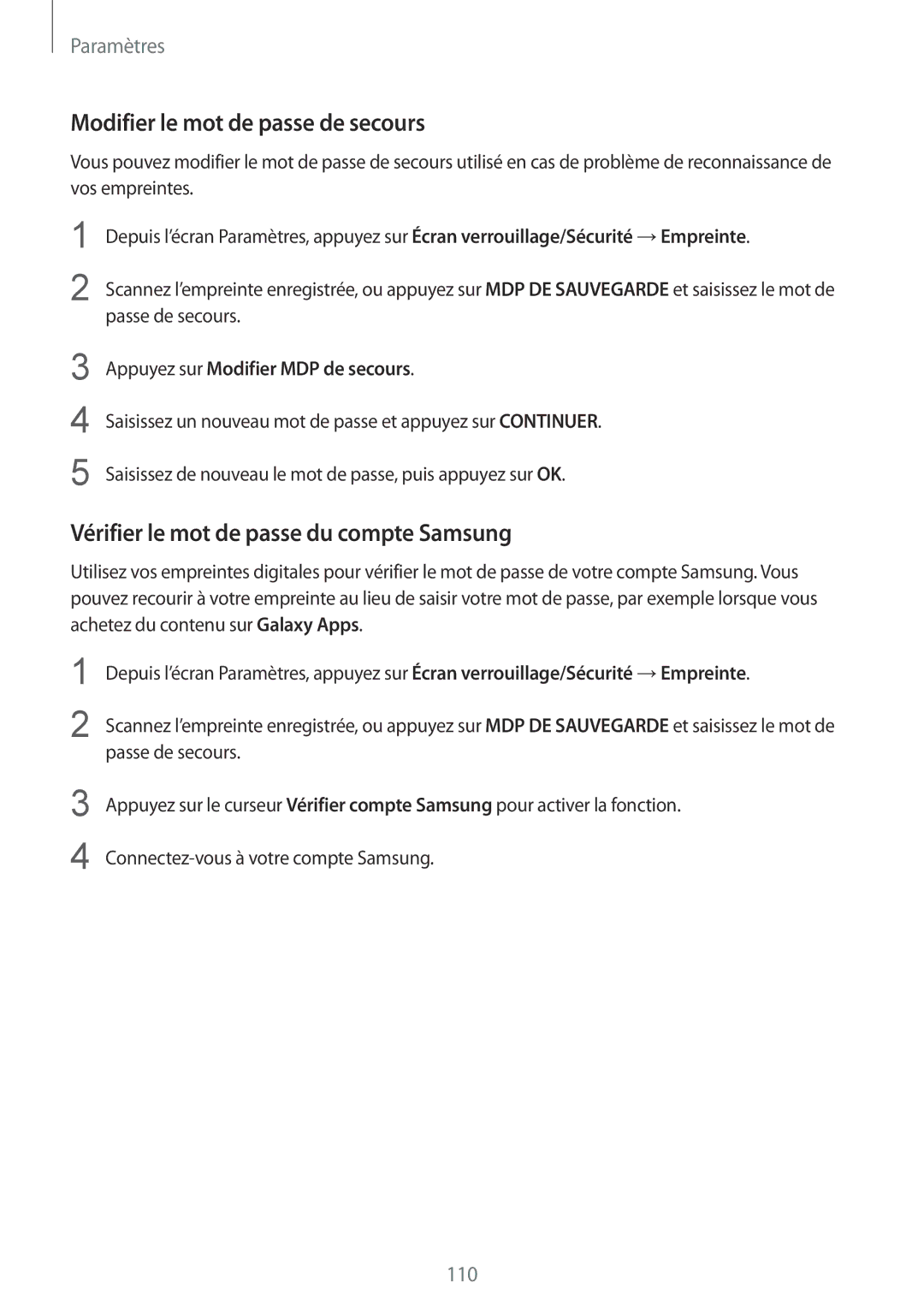 Samsung SM-G920FZBAXEF, SM-G920FZWAXEF Modifier le mot de passe de secours, Vérifier le mot de passe du compte Samsung 