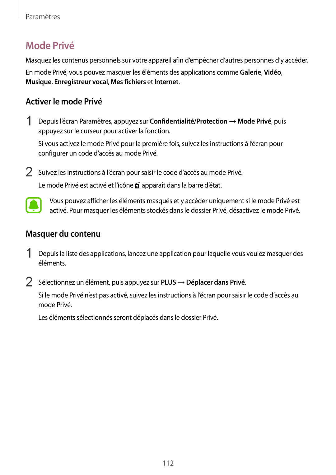 Samsung SM-G920FZWAXEF, SM-G920FZKAXEF, SM-G920FZBAXEF, SM-G920FZDAXEF Mode Privé, Activer le mode Privé, Masquer du contenu 