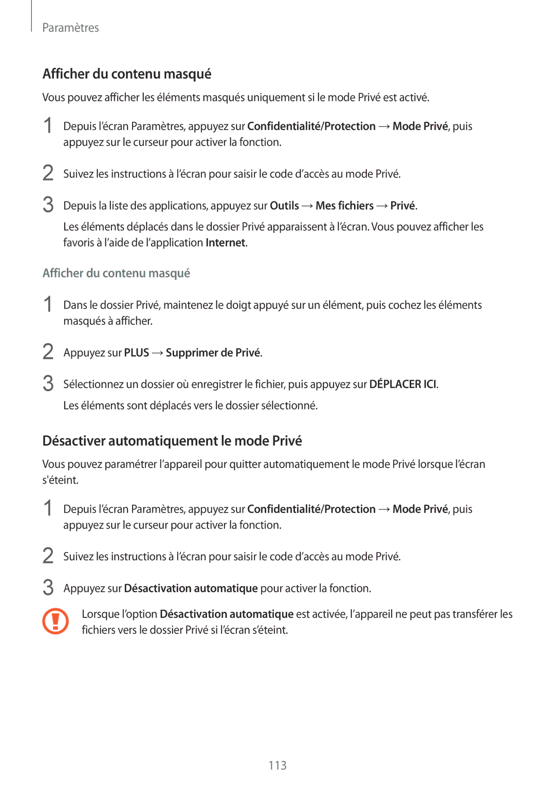 Samsung SM-G920FZKAXEF, SM-G920FZWAXEF, SM-G920FZBAXEF Afficher du contenu masqué, Désactiver automatiquement le mode Privé 