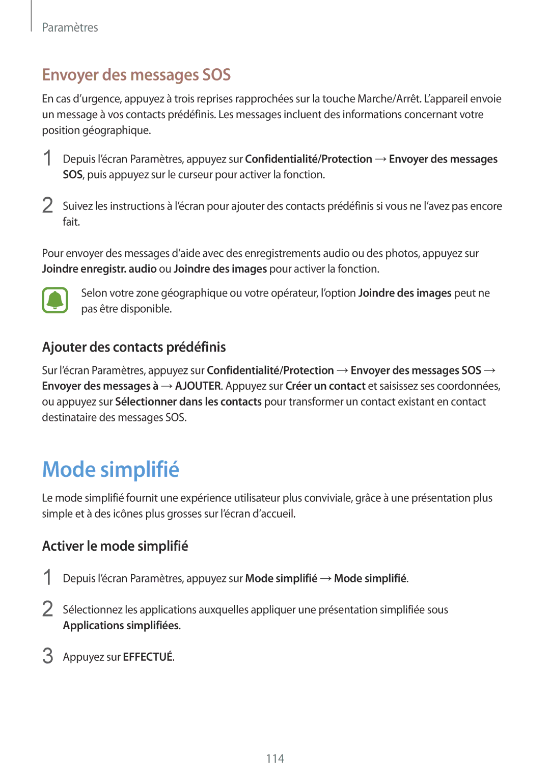 Samsung SM-G920FZBAXEF Mode simplifié, Envoyer des messages SOS, Ajouter des contacts prédéfinis, Applications simplifiées 