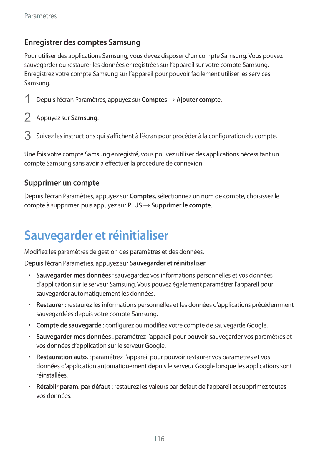 Samsung SM-G920FZWAXEF, SM-G920FZKAXEF Sauvegarder et réinitialiser, Enregistrer des comptes Samsung, Supprimer un compte 
