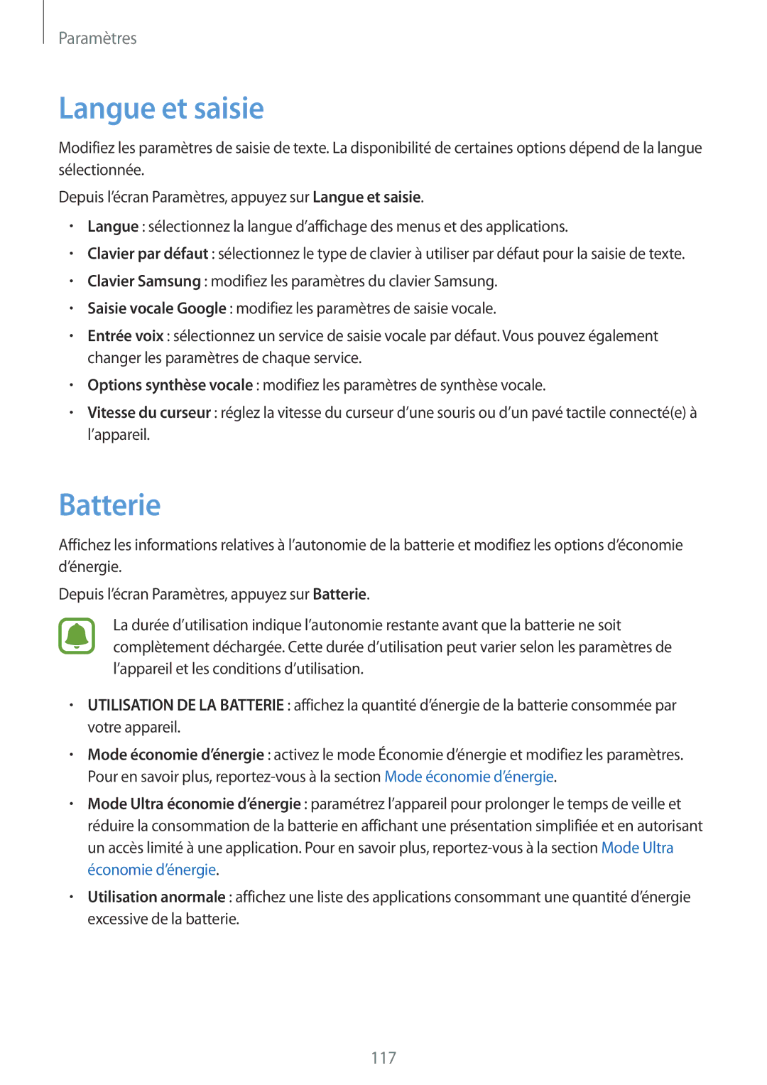 Samsung SM-G920FZKAXEF, SM-G920FZWAXEF, SM-G920FZBAXEF, SM-G920FZDAXEF manual Langue et saisie, Batterie 