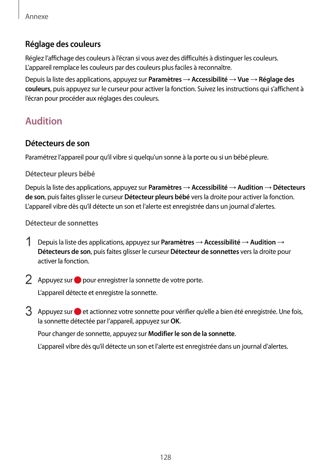 Samsung SM-G920FZWAXEF, SM-G920FZKAXEF, SM-G920FZBAXEF, SM-G920FZDAXEF Audition, Réglage des couleurs, Détecteurs de son 