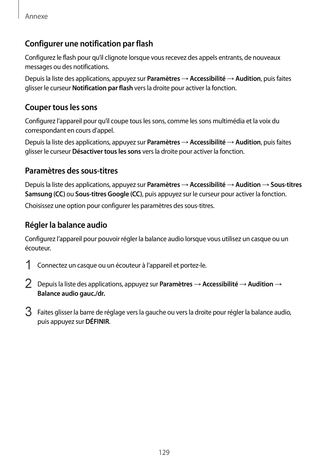 Samsung SM-G920FZKAXEF manual Configurer une notification par flash, Couper tous les sons, Paramètres des sous-titres 