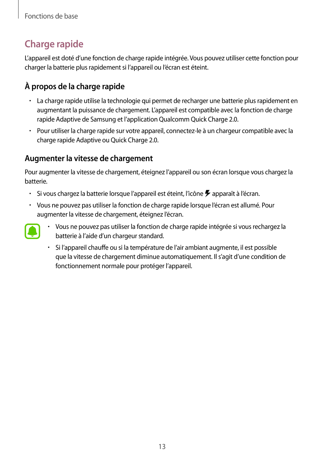 Samsung SM-G920FZKAXEF, SM-G920FZWAXEF manual Charge rapide, Propos de la charge rapide, Augmenter la vitesse de chargement 