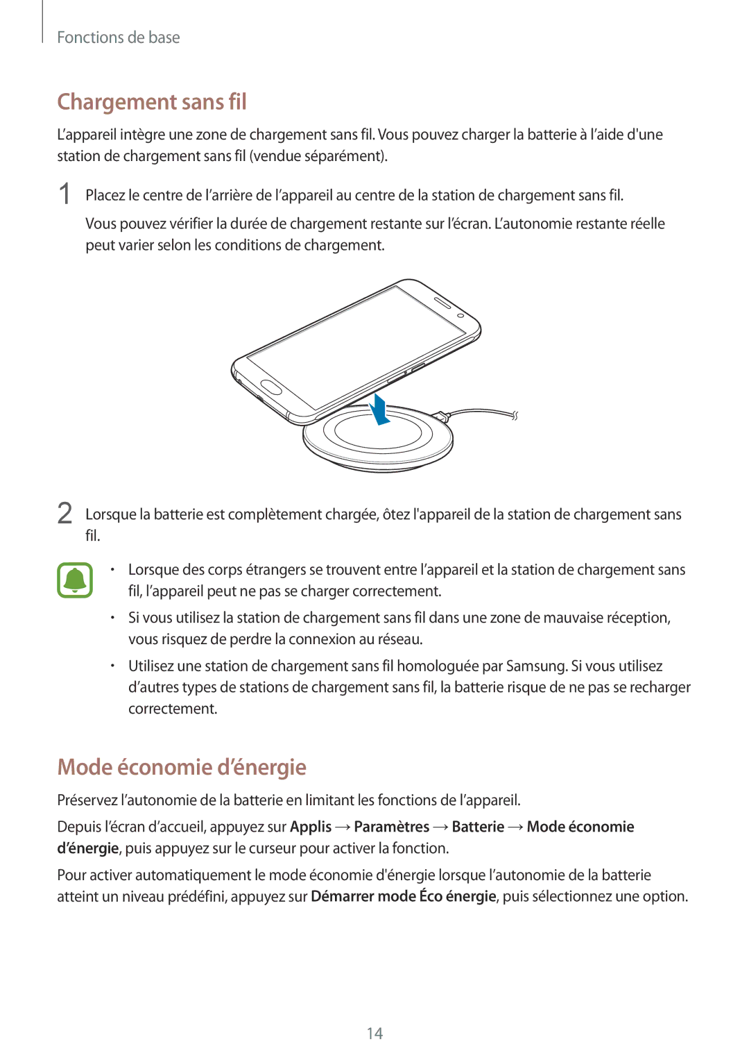 Samsung SM-G920FZBAXEF, SM-G920FZWAXEF, SM-G920FZKAXEF, SM-G920FZDAXEF manual Chargement sans fil, Mode économie d’énergie 