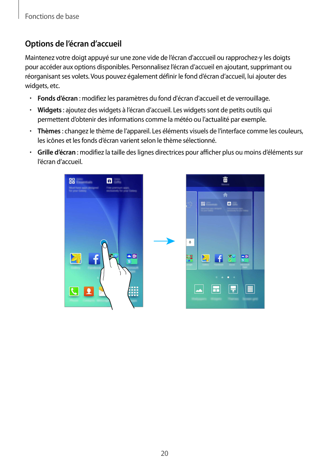 Samsung SM-G920FZWAXEF, SM-G920FZKAXEF, SM-G920FZBAXEF, SM-G920FZDAXEF manual Options de l’écran d’accueil 