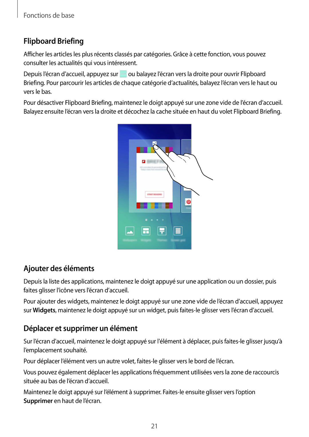 Samsung SM-G920FZKAXEF, SM-G920FZWAXEF manual Flipboard Briefing, Ajouter des éléments, Déplacer et supprimer un élément 