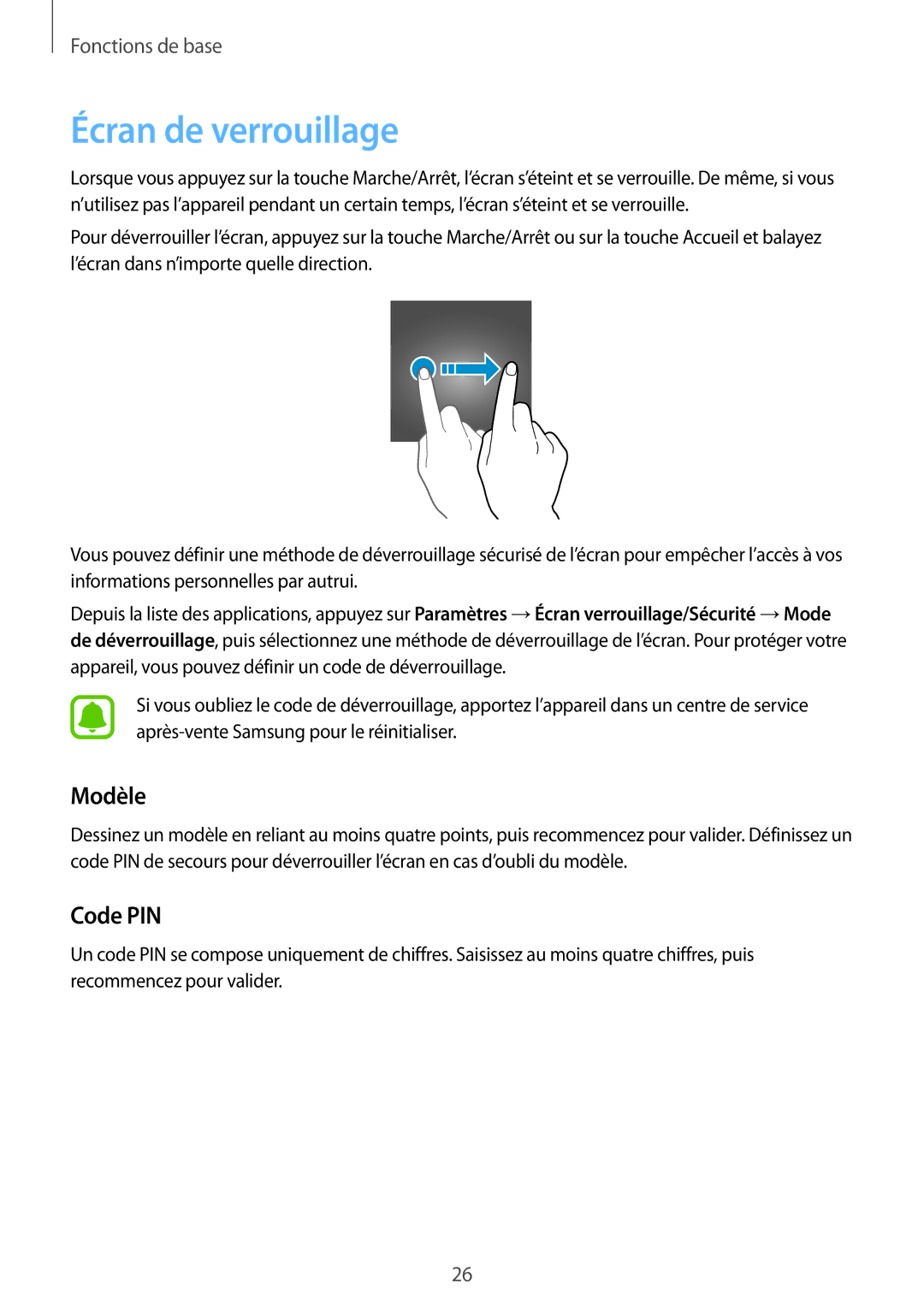 Samsung SM-G920FZBAXEF, SM-G920FZWAXEF, SM-G920FZKAXEF, SM-G920FZDAXEF manual Écran de verrouillage, Modèle, Code PIN 