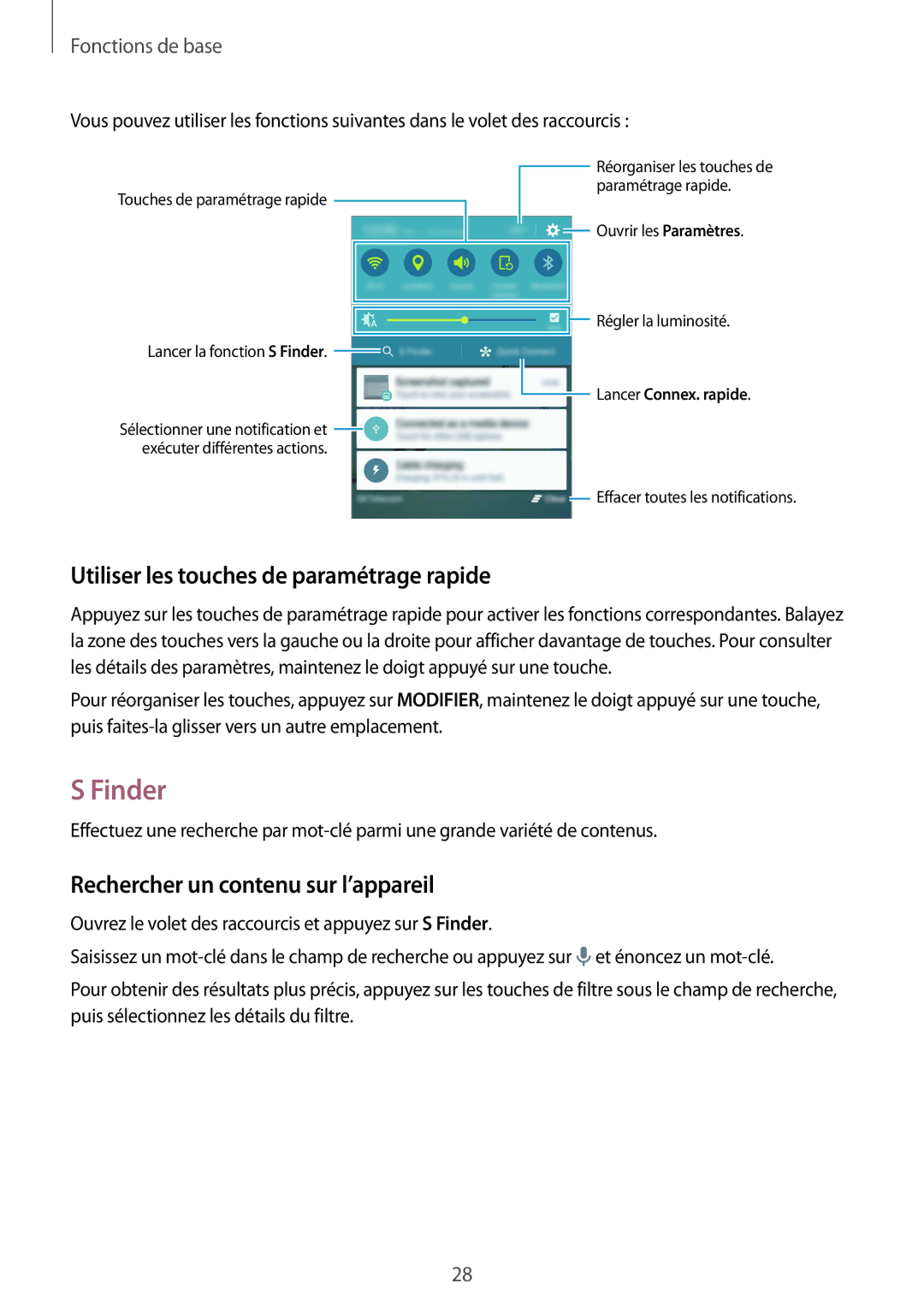 Samsung SM-G920FZWAXEF manual Finder, Utiliser les touches de paramétrage rapide, Rechercher un contenu sur l’appareil 