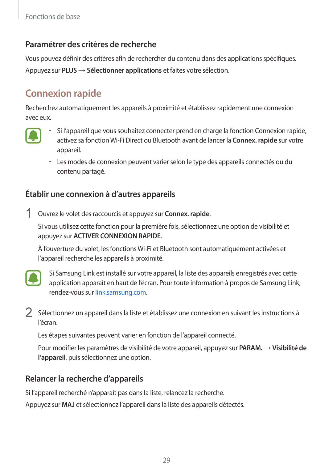 Samsung SM-G920FZKAXEF Connexion rapide, Paramétrer des critères de recherche, Établir une connexion à d’autres appareils 