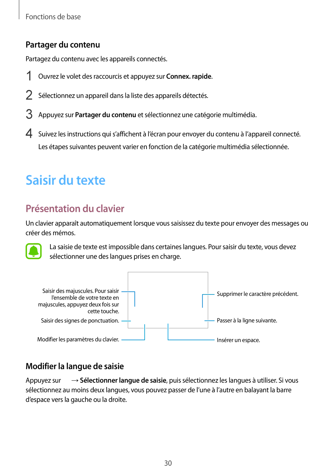 Samsung SM-G920FZBAXEF manual Saisir du texte, Présentation du clavier, Partager du contenu, Modifier la langue de saisie 