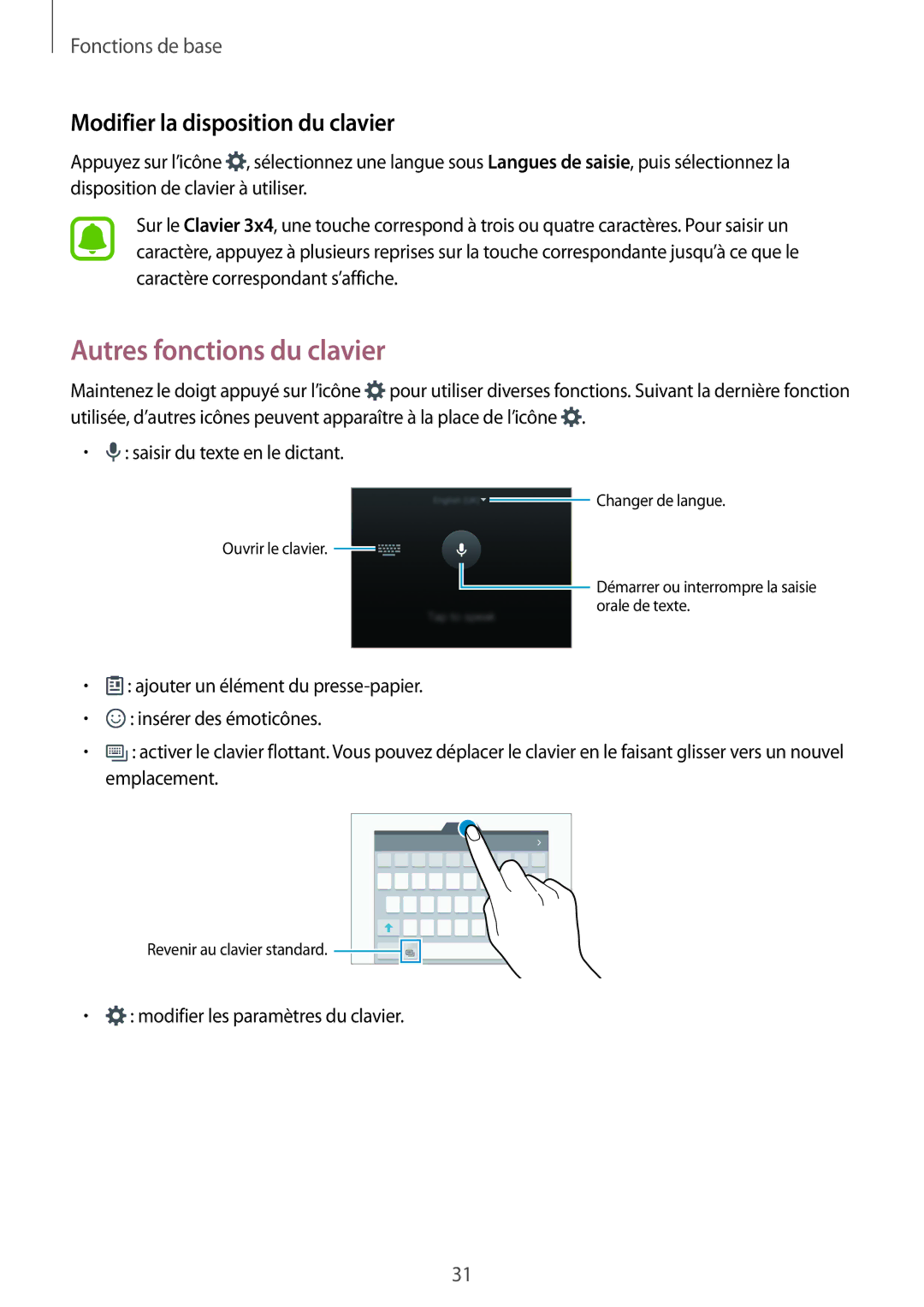 Samsung SM-G920FZDAXEF, SM-G920FZWAXEF, SM-G920FZKAXEF manual Autres fonctions du clavier, Modifier la disposition du clavier 