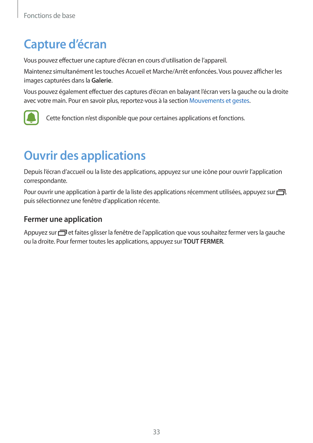 Samsung SM-G920FZKAXEF, SM-G920FZWAXEF, SM-G920FZBAXEF Capture d’écran, Ouvrir des applications, Fermer une application 
