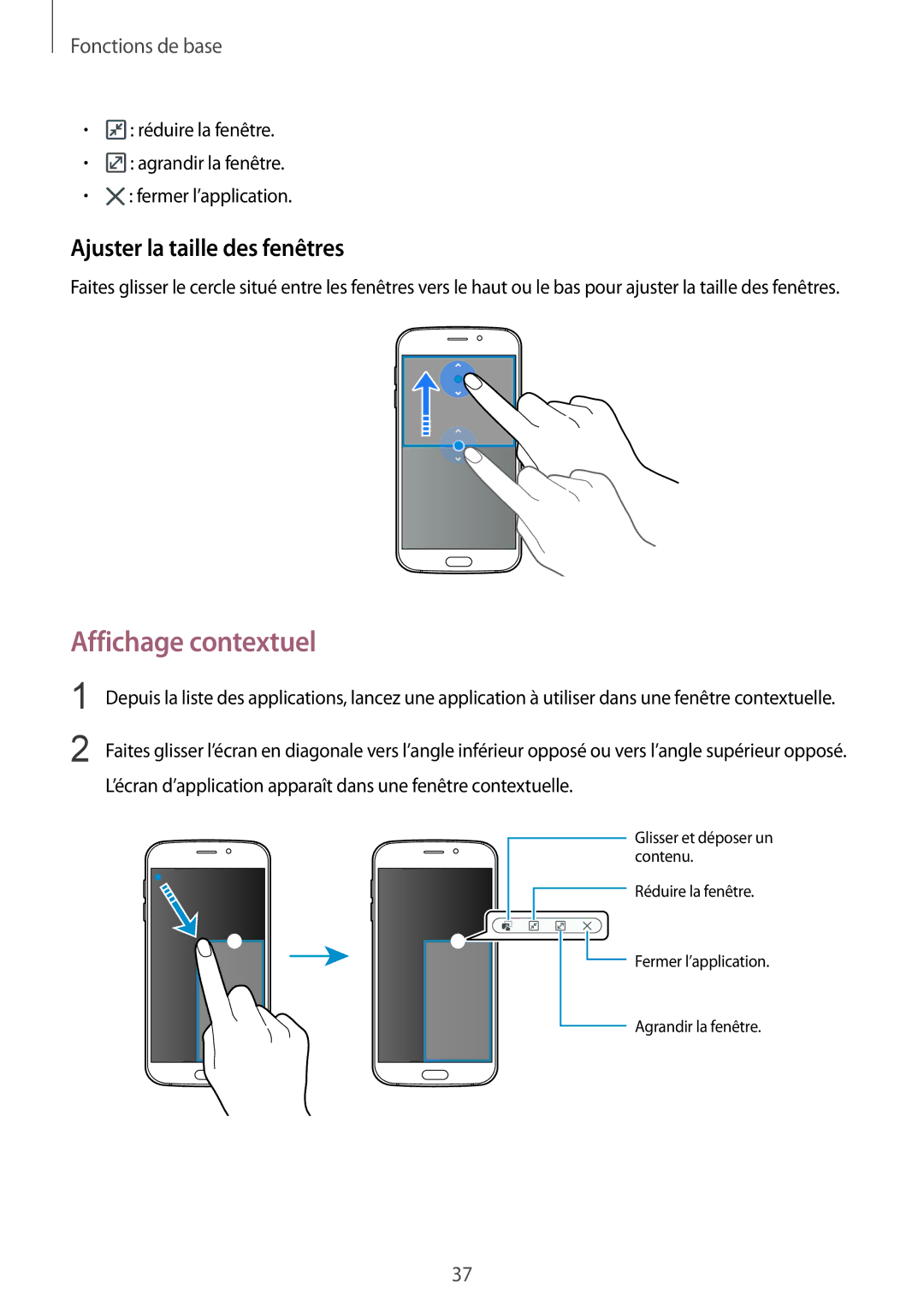 Samsung SM-G920FZKAXEF, SM-G920FZWAXEF, SM-G920FZBAXEF, SM-G920FZDAXEF Affichage contextuel, Ajuster la taille des fenêtres 