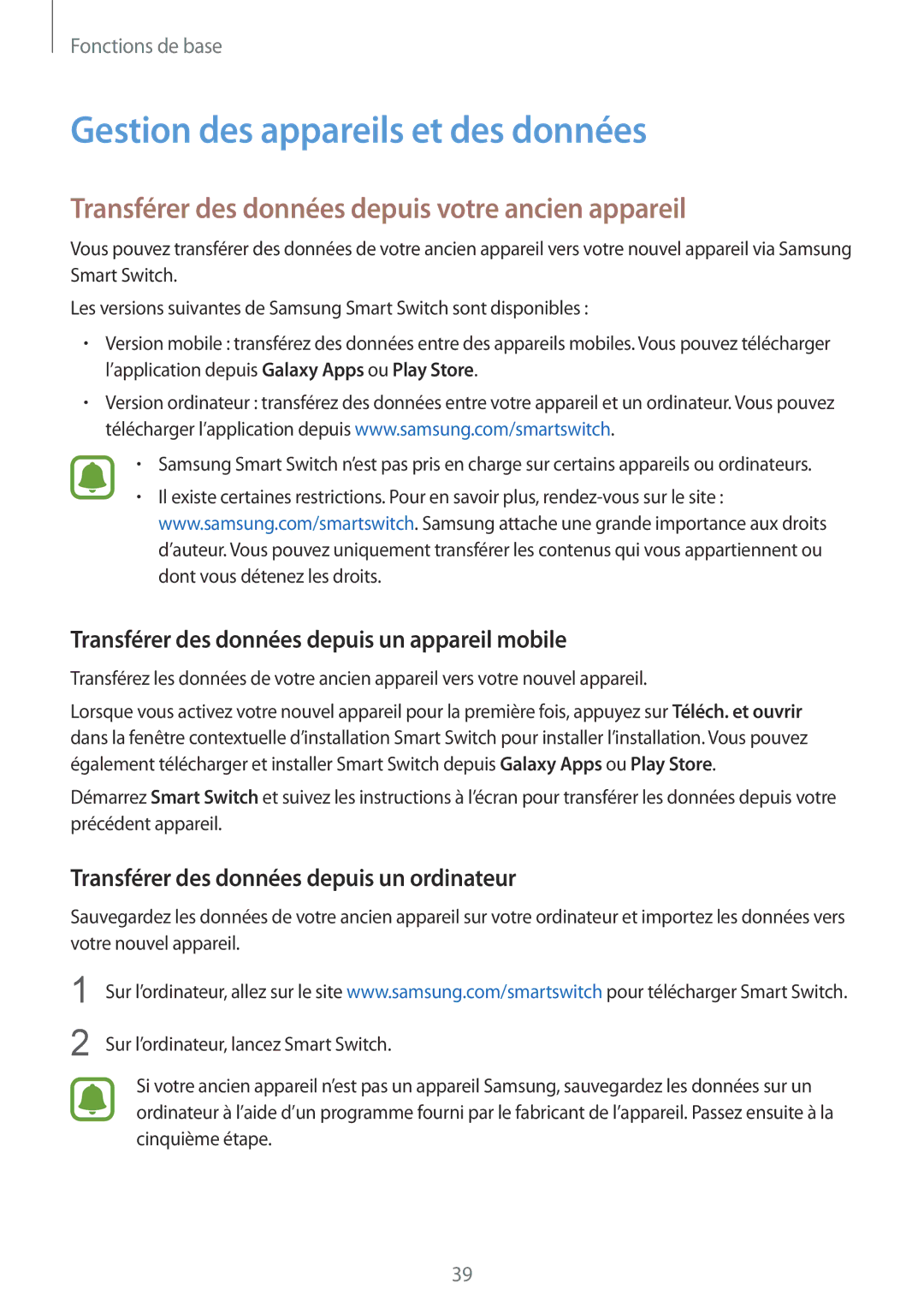 Samsung SM-G920FZDAXEF manual Gestion des appareils et des données, Transférer des données depuis votre ancien appareil 