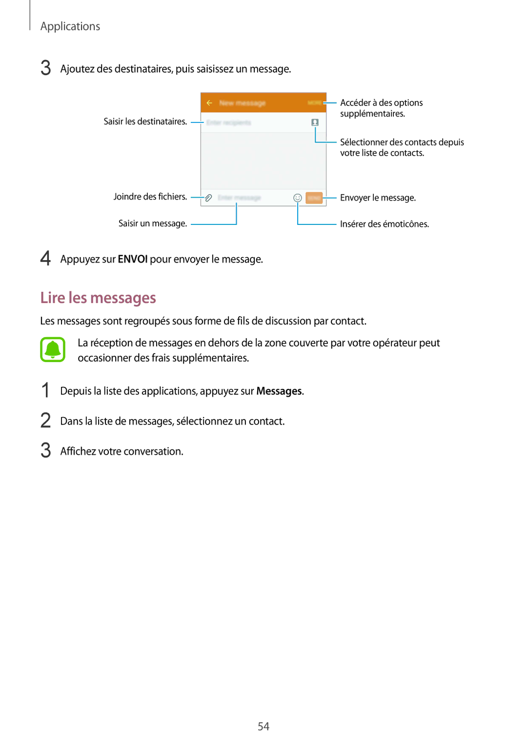 Samsung SM-G920FZBAXEF, SM-G920FZWAXEF manual Lire les messages, Ajoutez des destinataires, puis saisissez un message 