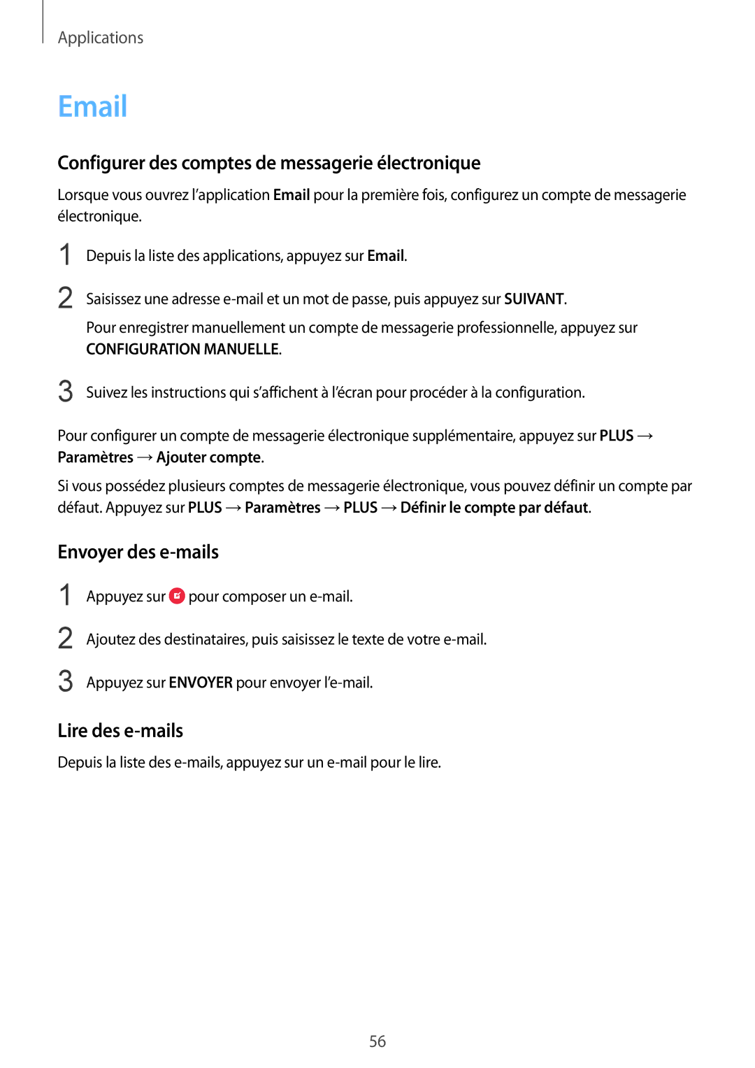 Samsung SM-G920FZWAXEF manual Configurer des comptes de messagerie électronique, Envoyer des e-mails, Lire des e-mails 