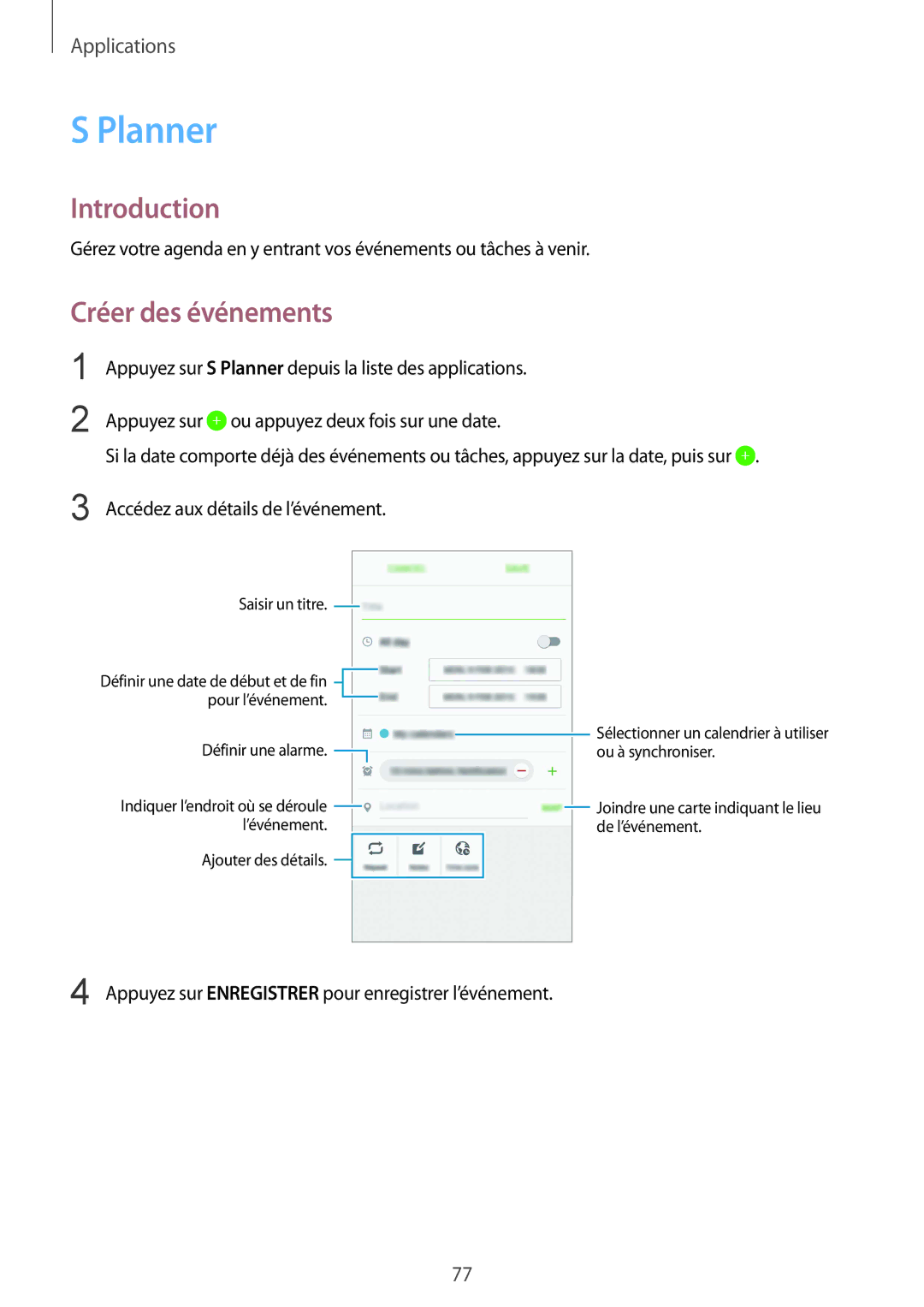 Samsung SM-G920FZKAXEF, SM-G920FZWAXEF, SM-G920FZBAXEF, SM-G920FZDAXEF manual Planner, Créer des événements 