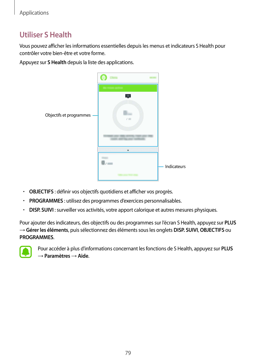 Samsung SM-G920FZDAXEF, SM-G920FZWAXEF, SM-G920FZKAXEF, SM-G920FZBAXEF manual Utiliser S Health, → Paramètres →Aide 