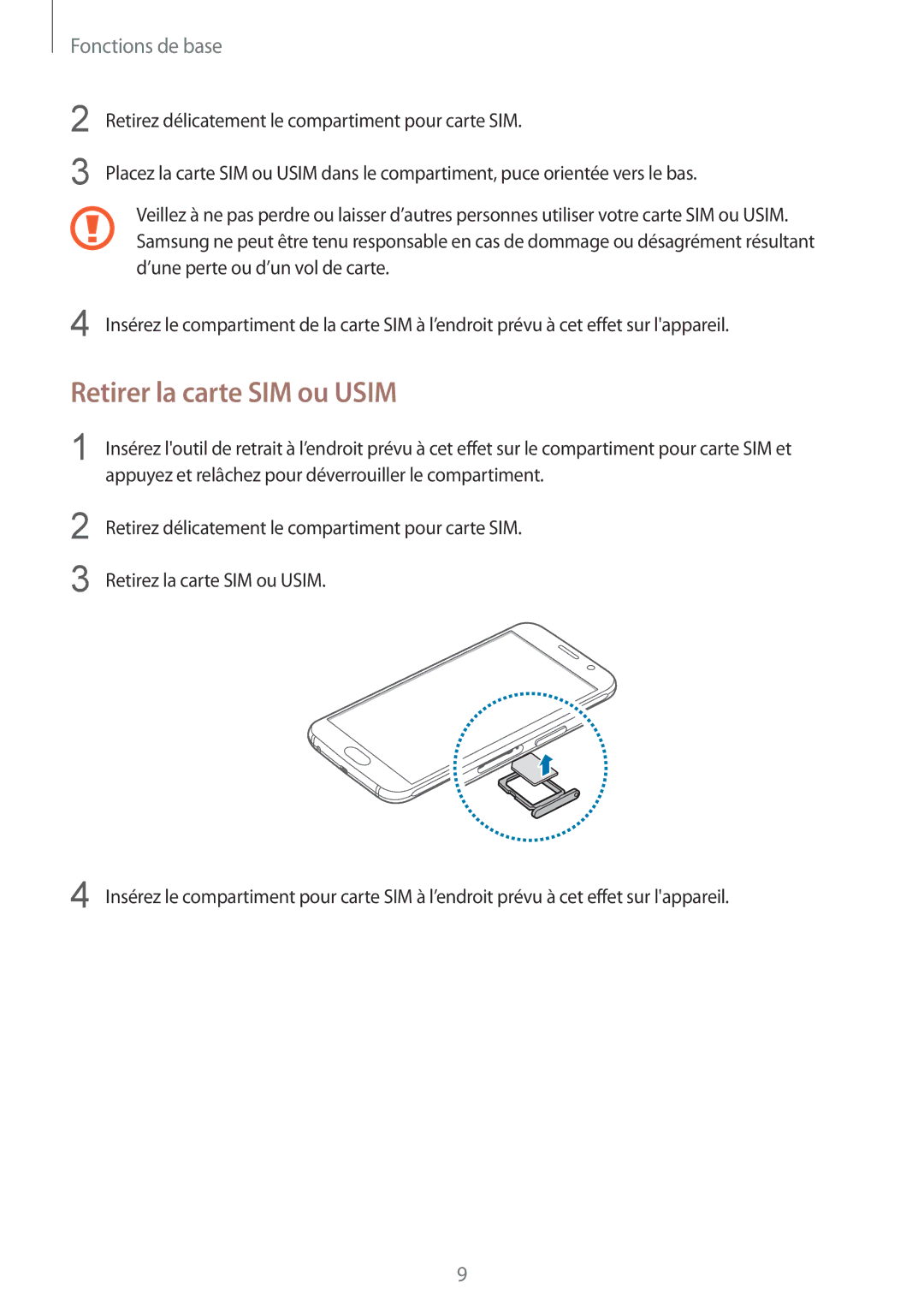 Samsung SM-G920FZKAXEF manual Retirer la carte SIM ou Usim, Appuyez et relâchez pour déverrouiller le compartiment 