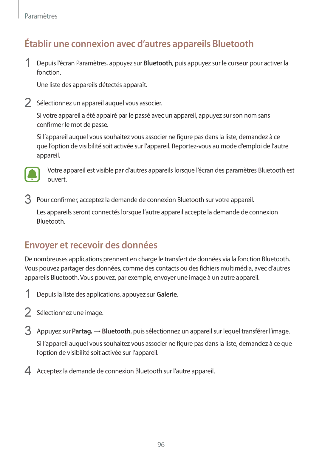 Samsung SM-G920FZWAXEF manual Établir une connexion avec d’autres appareils Bluetooth, Envoyer et recevoir des données 