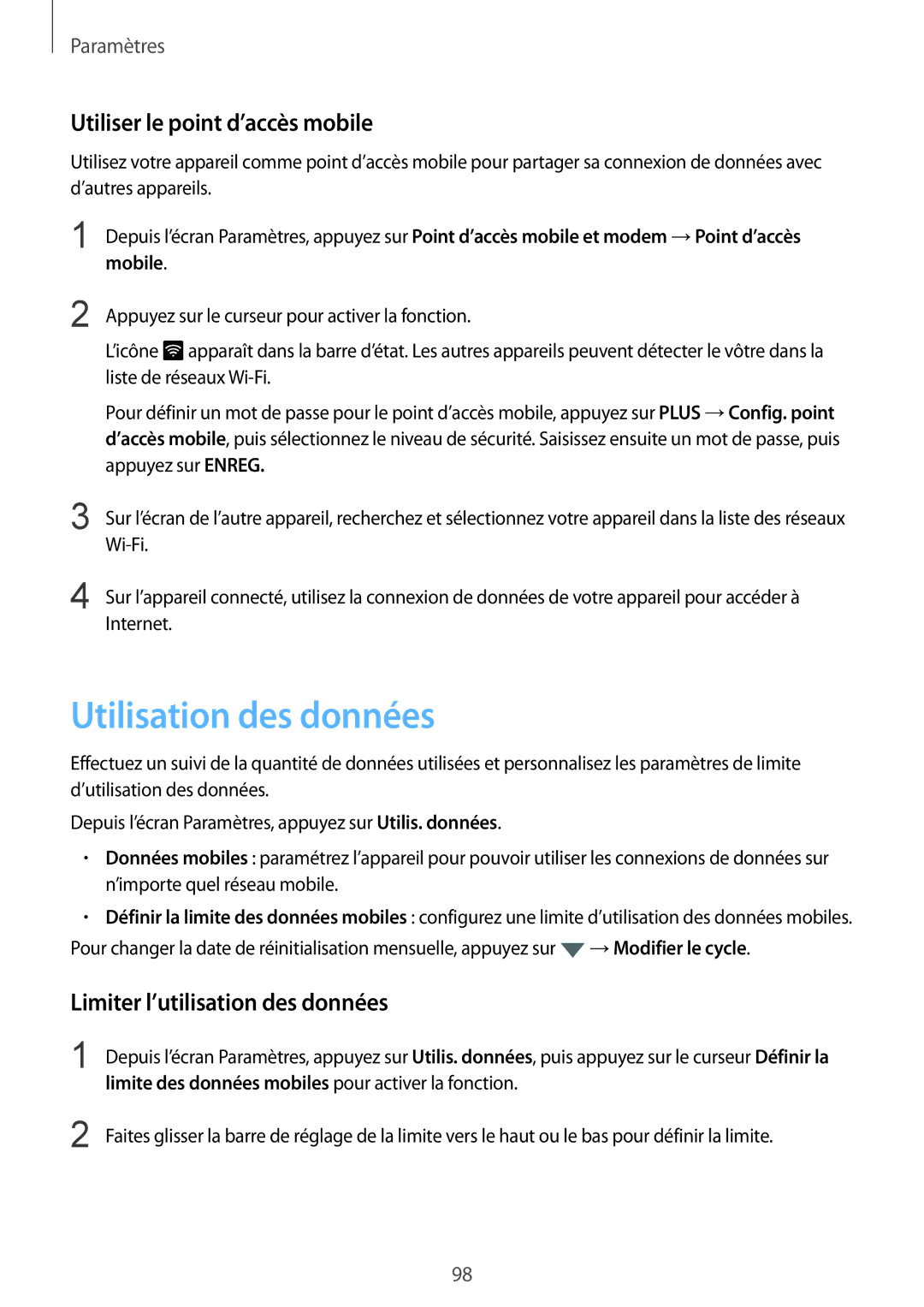 Samsung SM-G920FZBAXEF manual Utilisation des données, Utiliser le point d’accès mobile, Limiter l’utilisation des données 