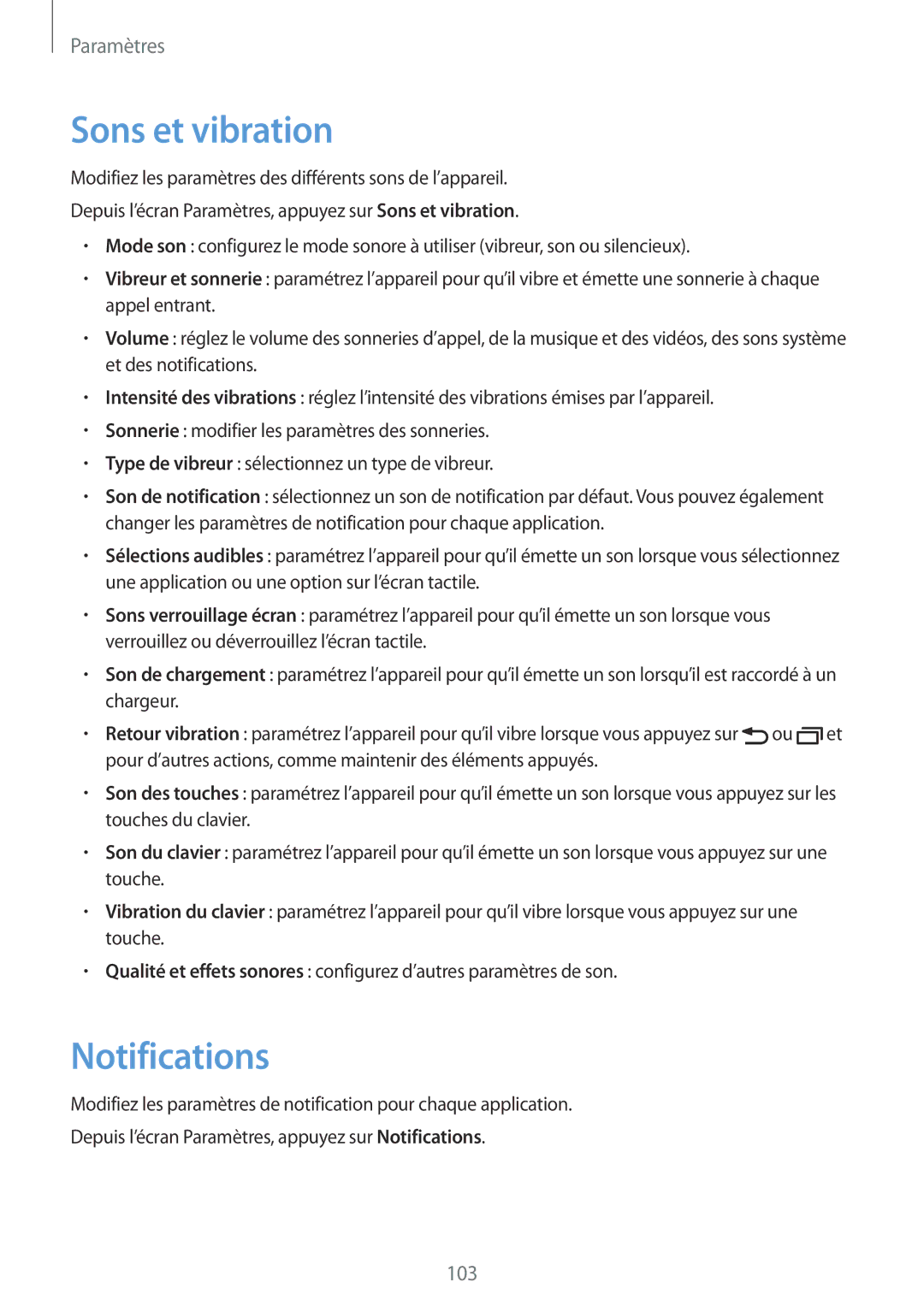 Samsung SM-G920FZDAXEF, SM-G920FZWAXEF, SM-G920FZKAXEF, SM-G920FZBAXEF manual Sons et vibration, Notifications 