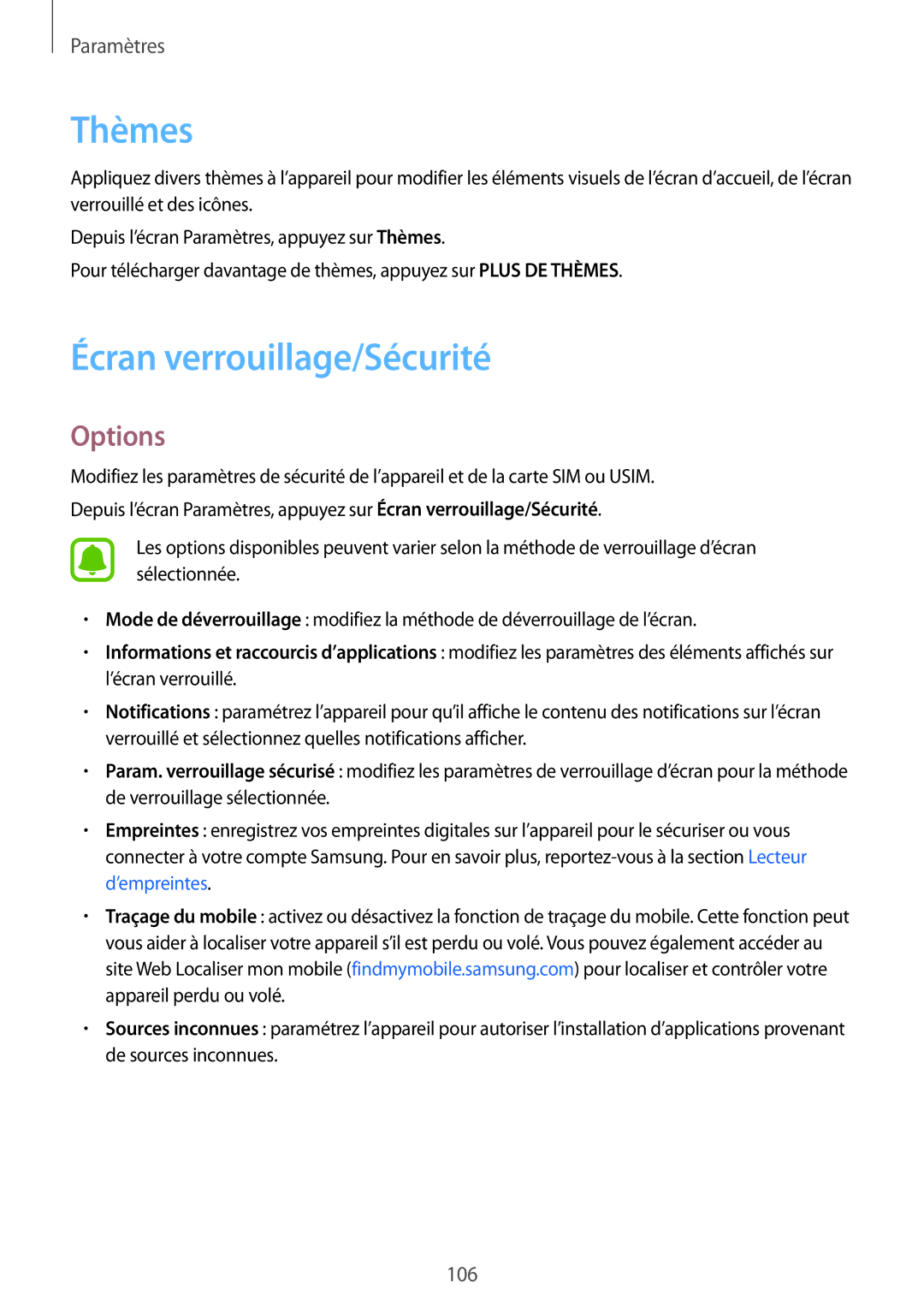 Samsung SM-G920FZBAXEF, SM-G920FZWAXEF, SM-G920FZKAXEF, SM-G920FZDAXEF manual Thèmes, Écran verrouillage/Sécurité 