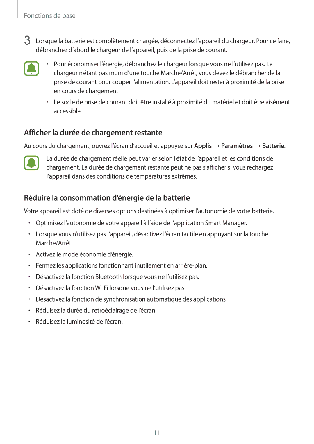 Samsung SM-G920FZDAXEF manual Afficher la durée de chargement restante, Réduire la consommation d’énergie de la batterie 