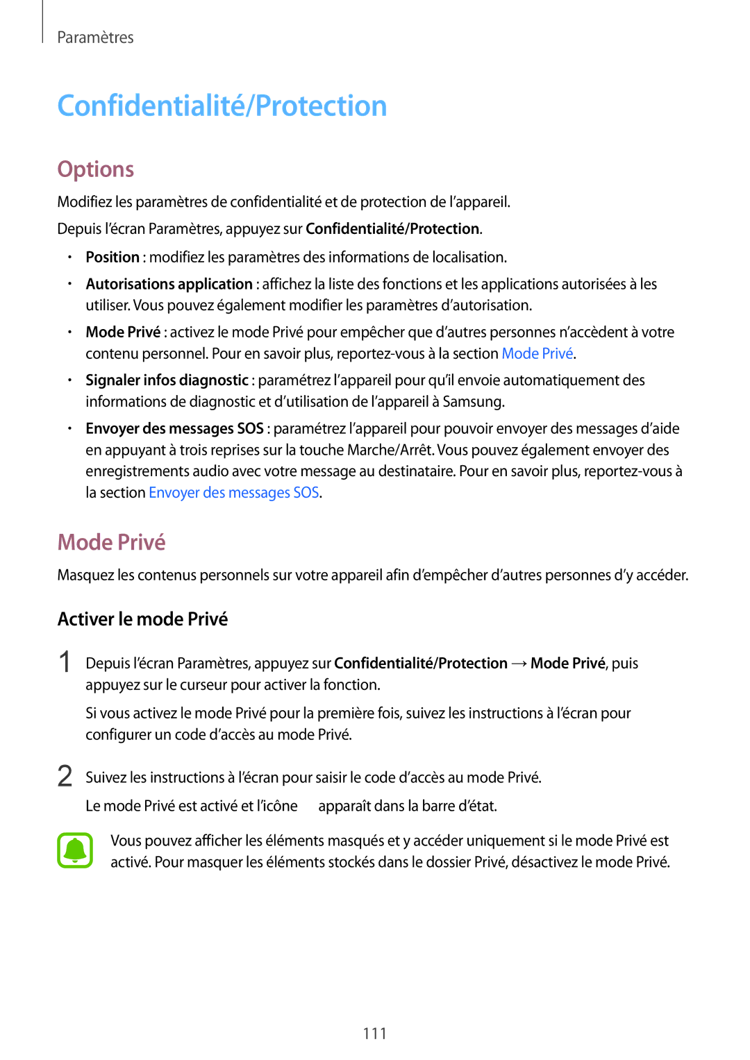Samsung SM-G920FZDAXEF, SM-G920FZWAXEF, SM-G920FZKAXEF manual Confidentialité/Protection, Mode Privé, Activer le mode Privé 