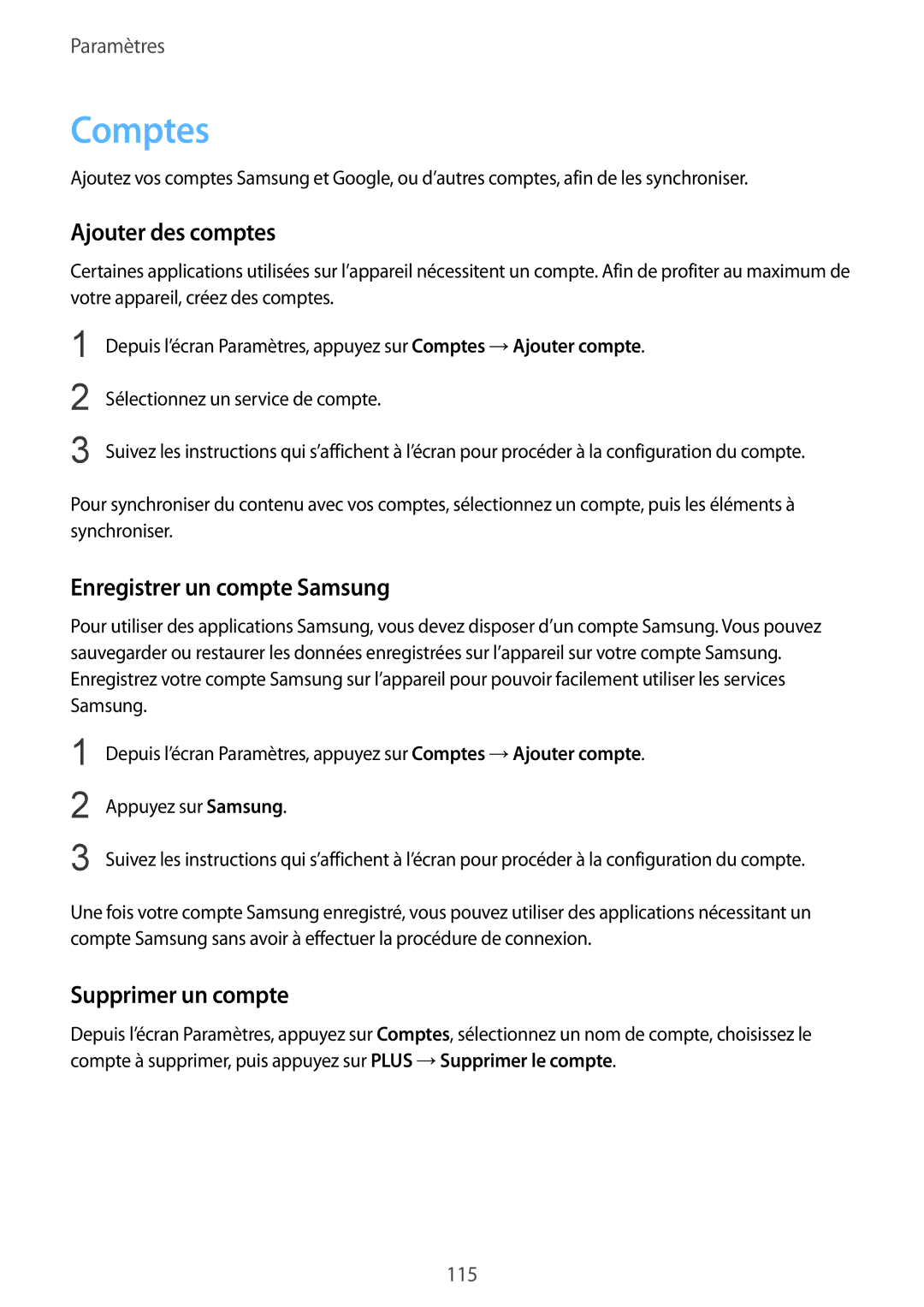 Samsung SM-G920FZDAXEF, SM-G920FZWAXEF Comptes, Ajouter des comptes, Enregistrer un compte Samsung, Supprimer un compte 