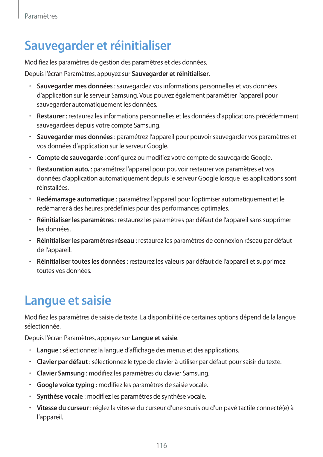 Samsung SM-G920FZWAXEF, SM-G920FZKAXEF, SM-G920FZBAXEF, SM-G920FZDAXEF manual Sauvegarder et réinitialiser, Langue et saisie 