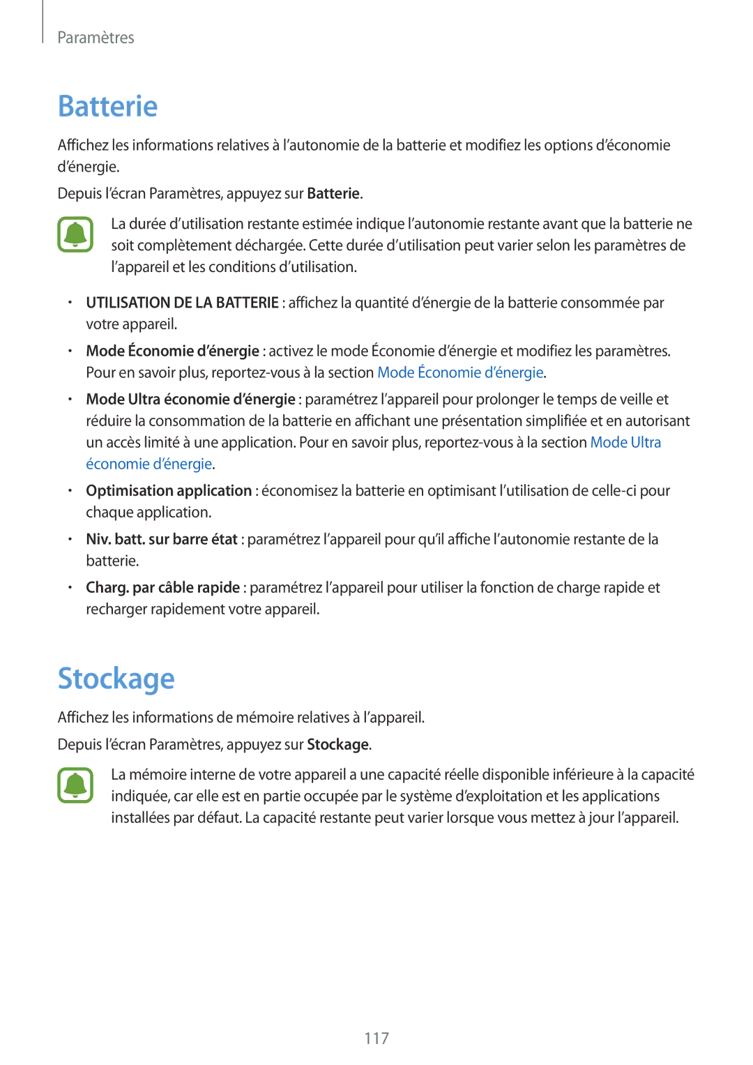 Samsung SM-G920FZKAXEF, SM-G920FZWAXEF, SM-G920FZBAXEF, SM-G920FZDAXEF manual Batterie, Stockage 