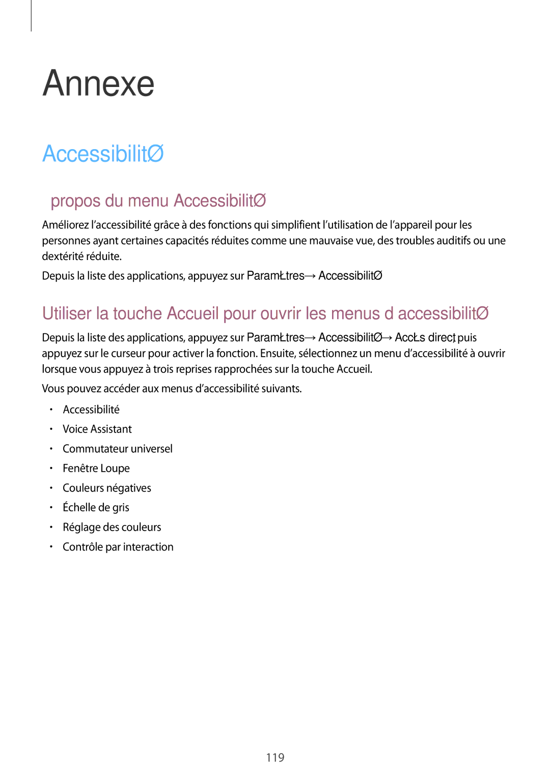 Samsung SM-G920FZDAXEF, SM-G920FZWAXEF, SM-G920FZKAXEF, SM-G920FZBAXEF manual Annexe, Propos du menu Accessibilité 