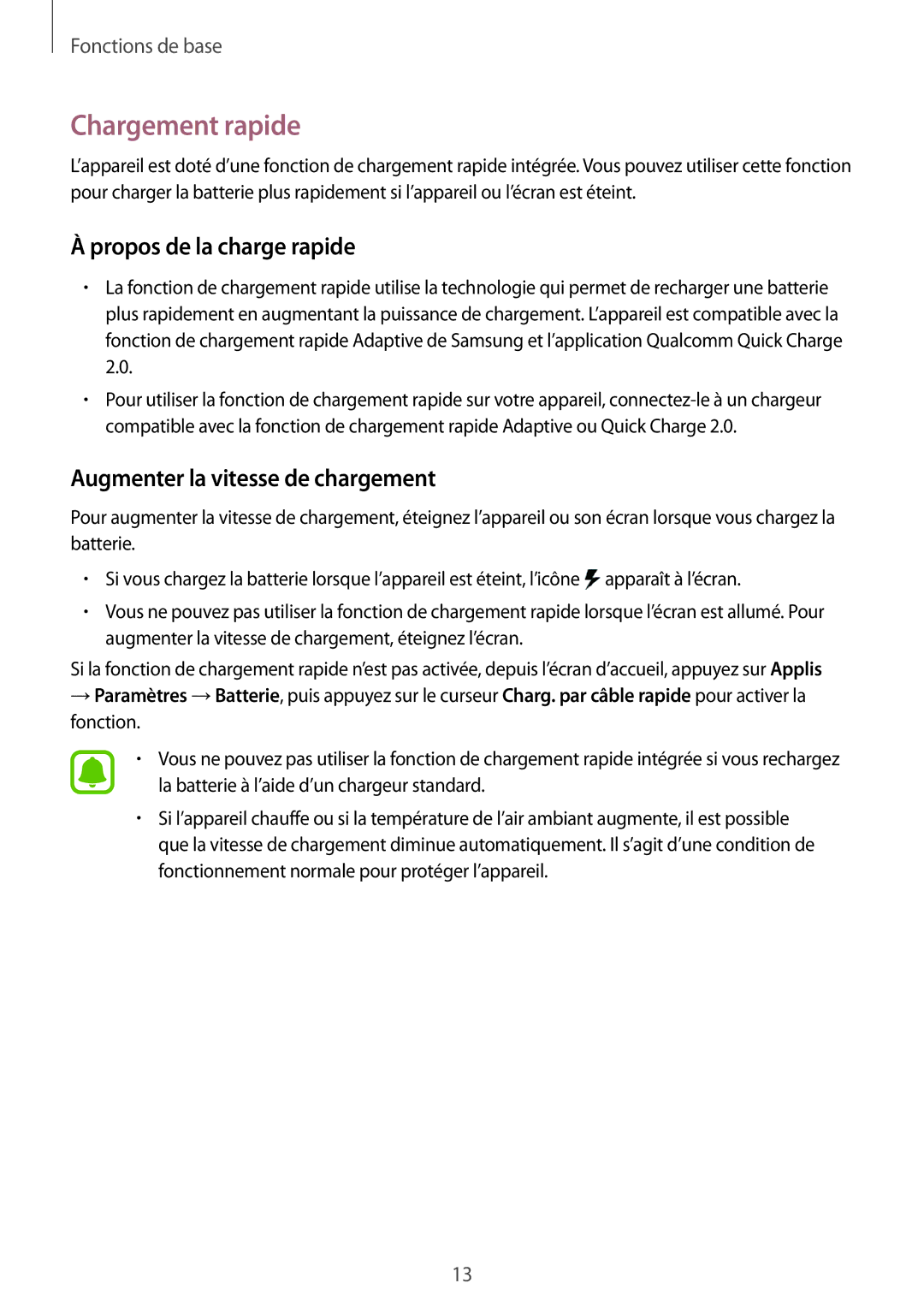 Samsung SM-G920FZKAXEF, SM-G920FZWAXEF Chargement rapide, Propos de la charge rapide, Augmenter la vitesse de chargement 