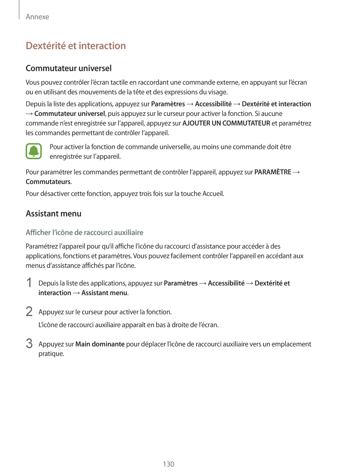 Samsung SM-G920FZBAXEF, SM-G920FZWAXEF, SM-G920FZKAXEF manual Dextérité et interaction, Commutateur universel, Assistant menu 