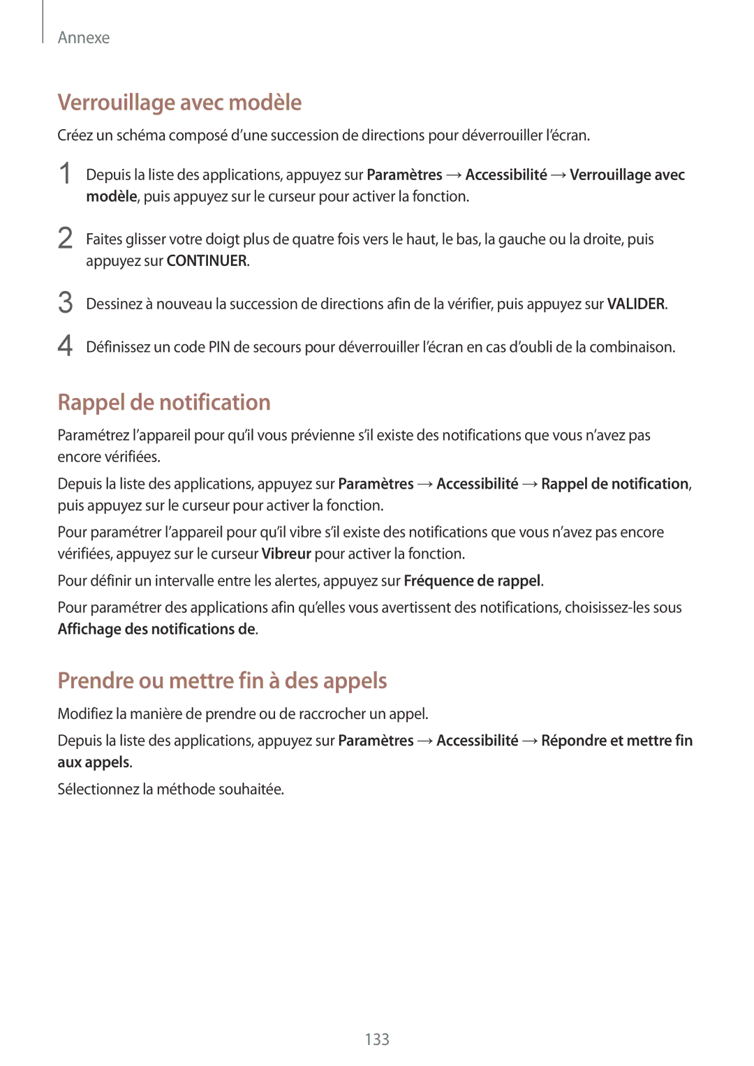 Samsung SM-G920FZKAXEF manual Verrouillage avec modèle, Rappel de notification, Prendre ou mettre fin à des appels 