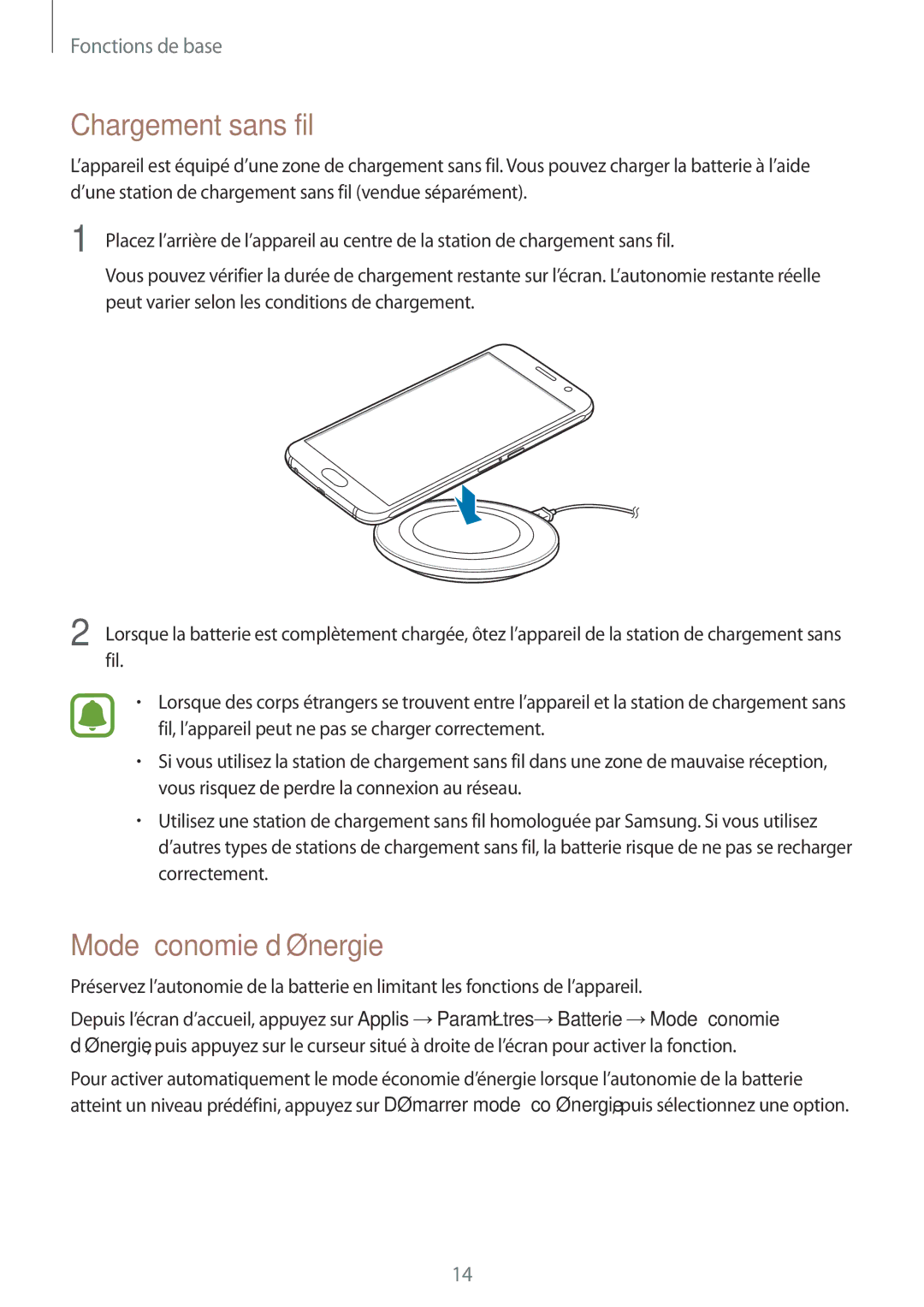 Samsung SM-G920FZBAXEF, SM-G920FZWAXEF, SM-G920FZKAXEF, SM-G920FZDAXEF manual Chargement sans fil, Mode Économie d’énergie 