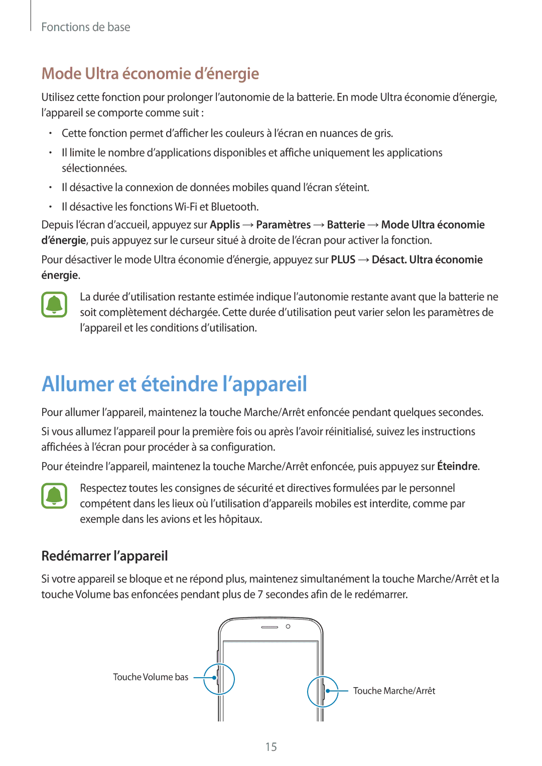 Samsung SM-G920FZDAXEF manual Allumer et éteindre l’appareil, Mode Ultra économie d’énergie, Redémarrer l’appareil 