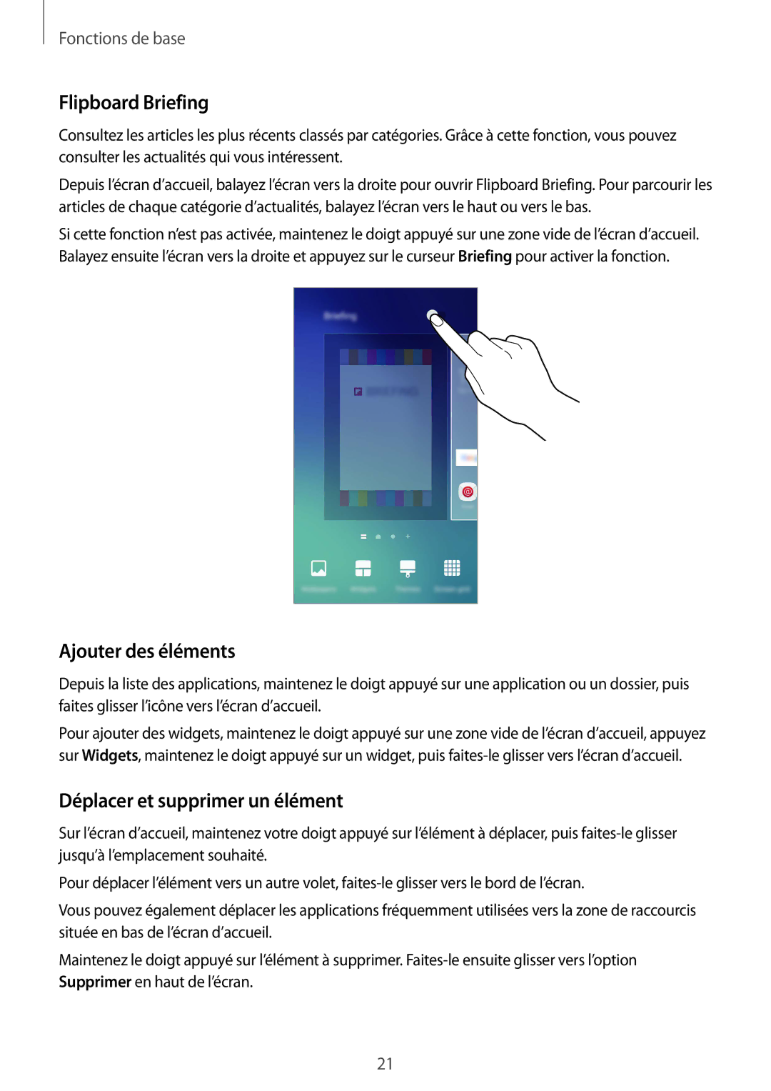 Samsung SM-G920FZKAXEF, SM-G920FZWAXEF manual Flipboard Briefing, Ajouter des éléments, Déplacer et supprimer un élément 