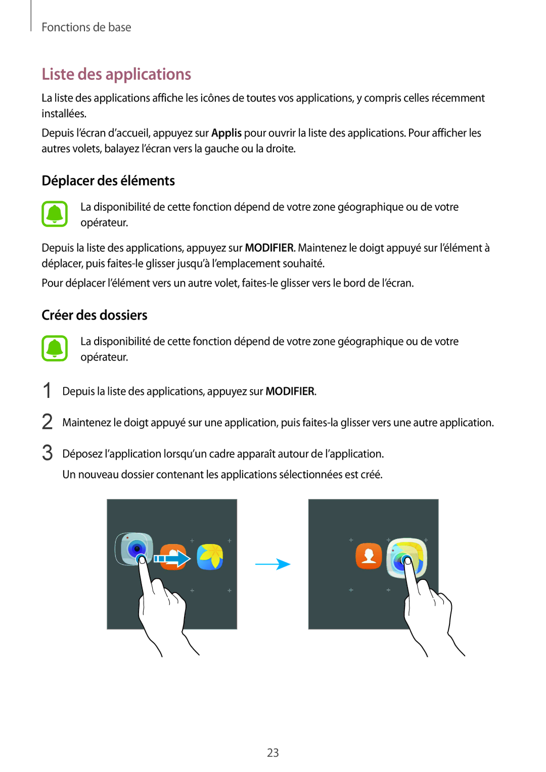 Samsung SM-G920FZDAXEF, SM-G920FZWAXEF, SM-G920FZKAXEF, SM-G920FZBAXEF manual Liste des applications, Déplacer des éléments 