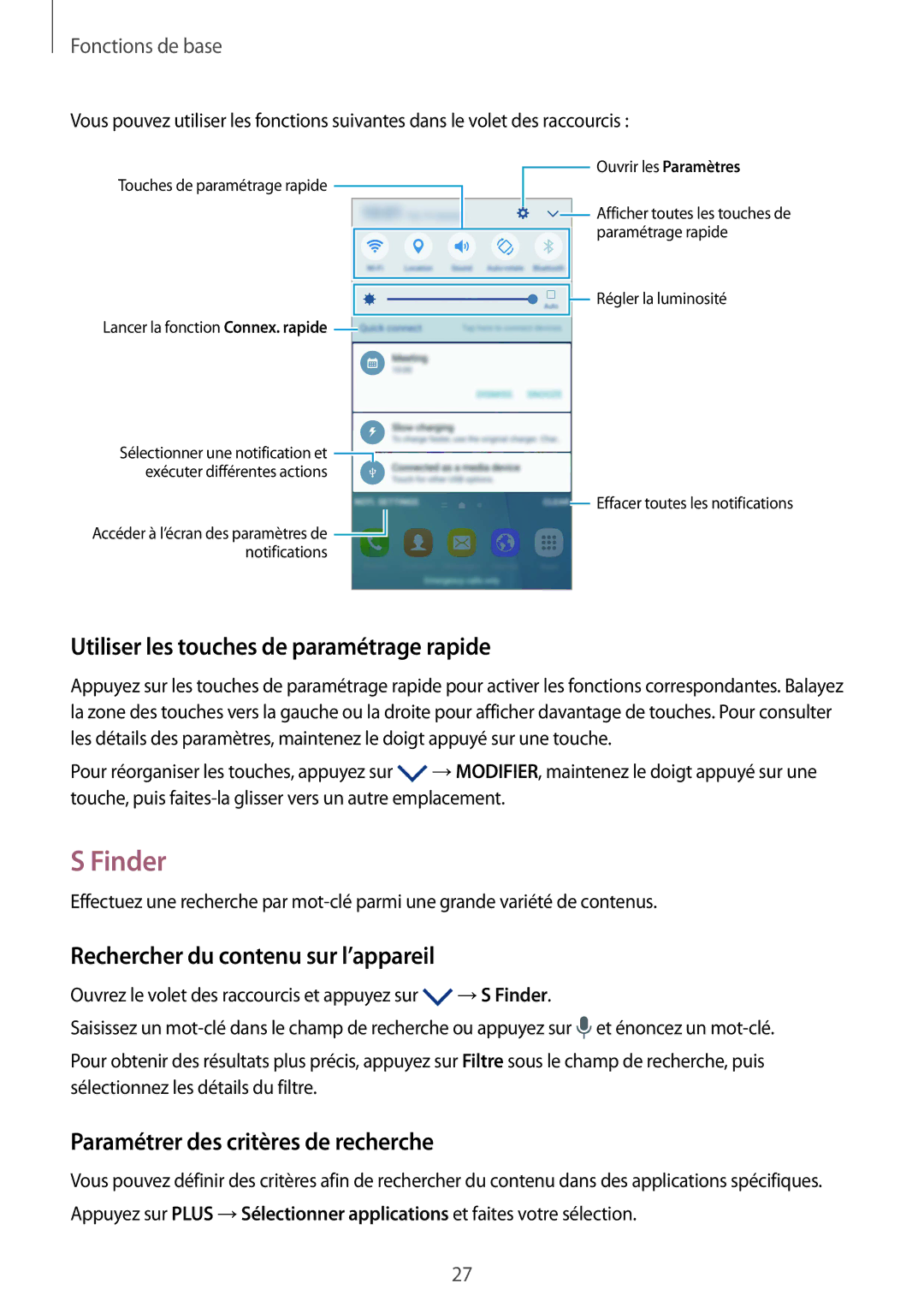 Samsung SM-G920FZDAXEF manual Finder, Utiliser les touches de paramétrage rapide, Rechercher du contenu sur l’appareil 