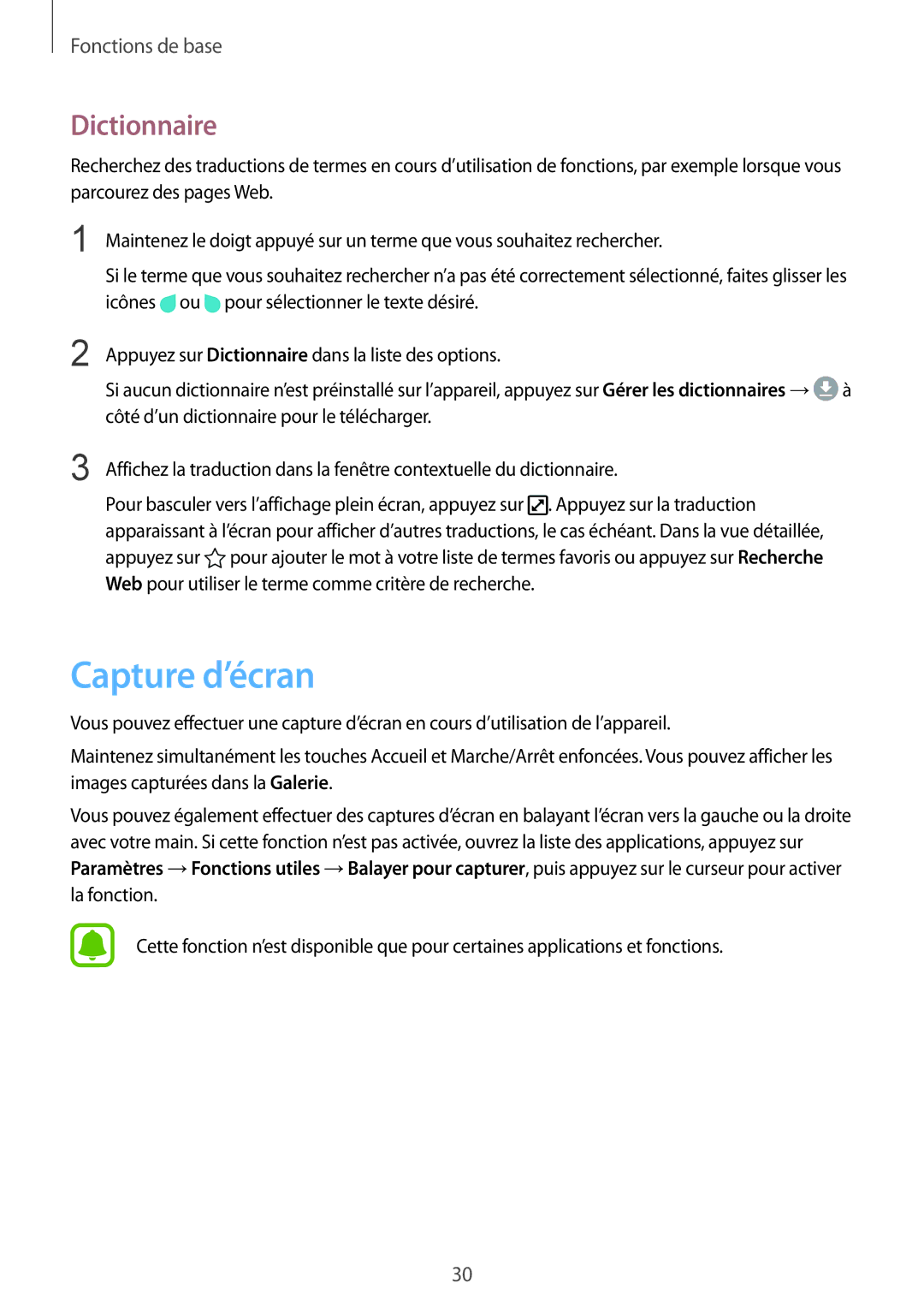 Samsung SM-G920FZBAXEF, SM-G920FZWAXEF, SM-G920FZKAXEF, SM-G920FZDAXEF manual Capture d’écran, Dictionnaire 