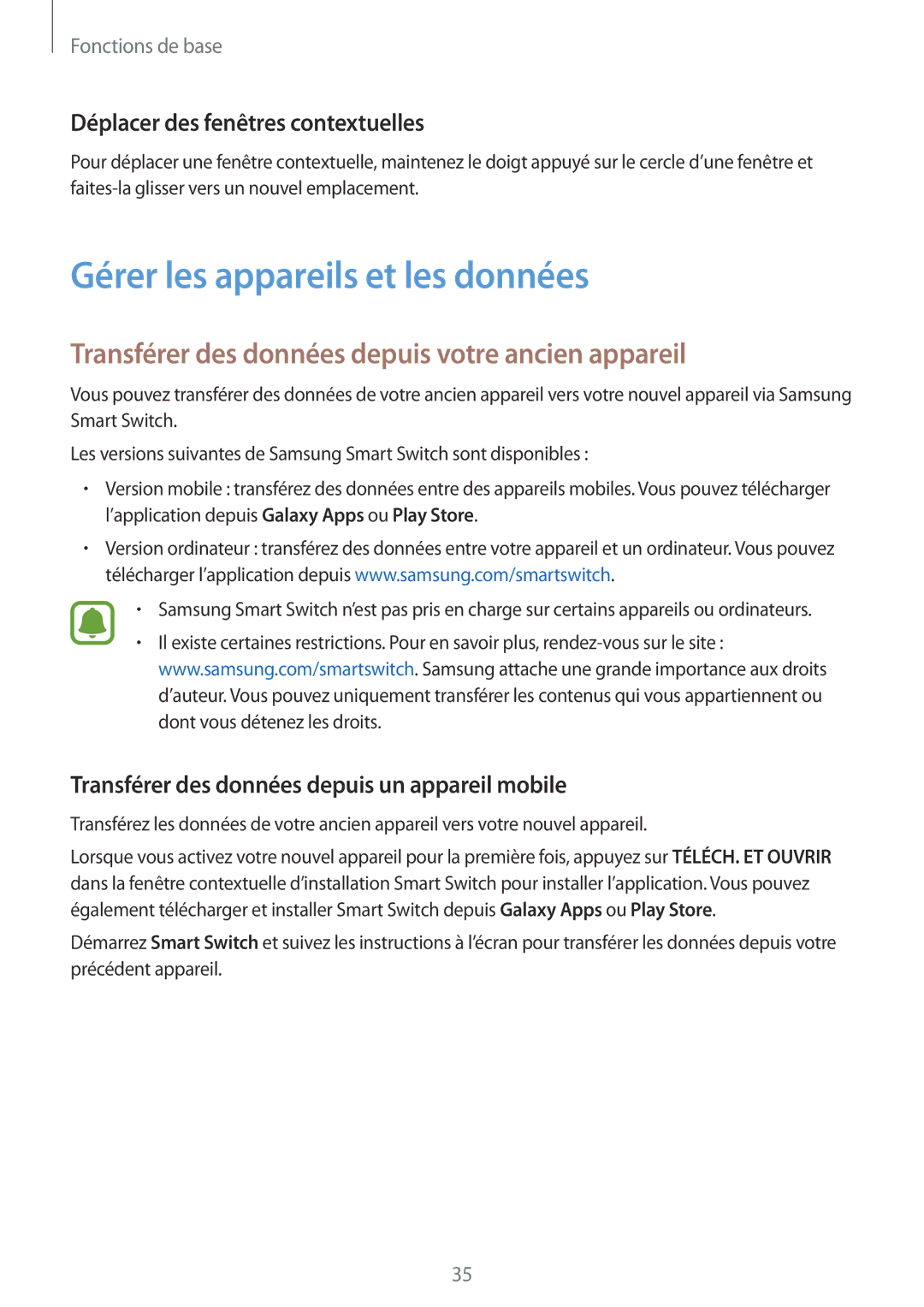 Samsung SM-G920FZDAXEF manual Gérer les appareils et les données, Transférer des données depuis votre ancien appareil 