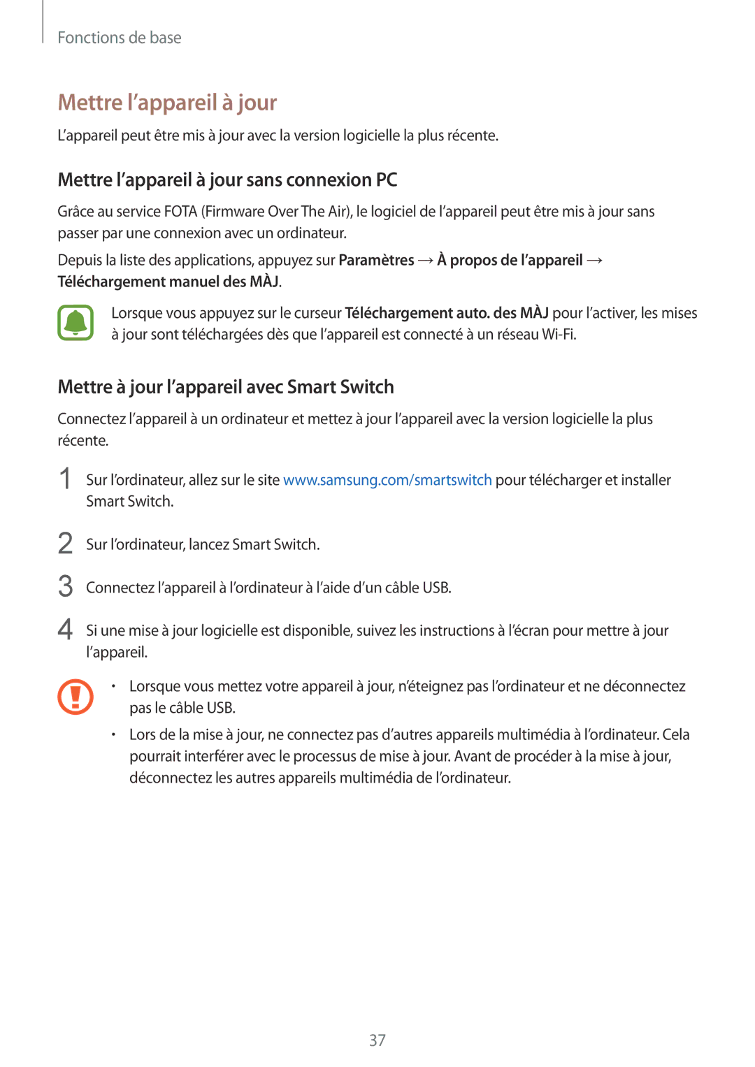 Samsung SM-G920FZKAXEF manual Mettre l’appareil à jour sans connexion PC, Mettre à jour l’appareil avec Smart Switch 