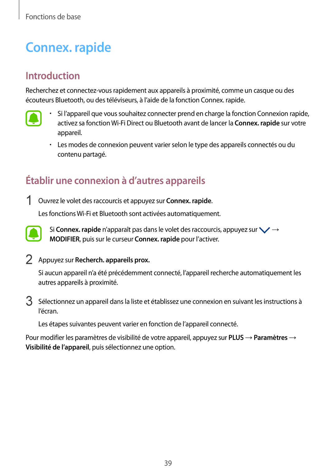 Samsung SM-G920FZDAXEF Connex. rapide, Établir une connexion à d’autres appareils, Appuyez sur Recherch. appareils prox 