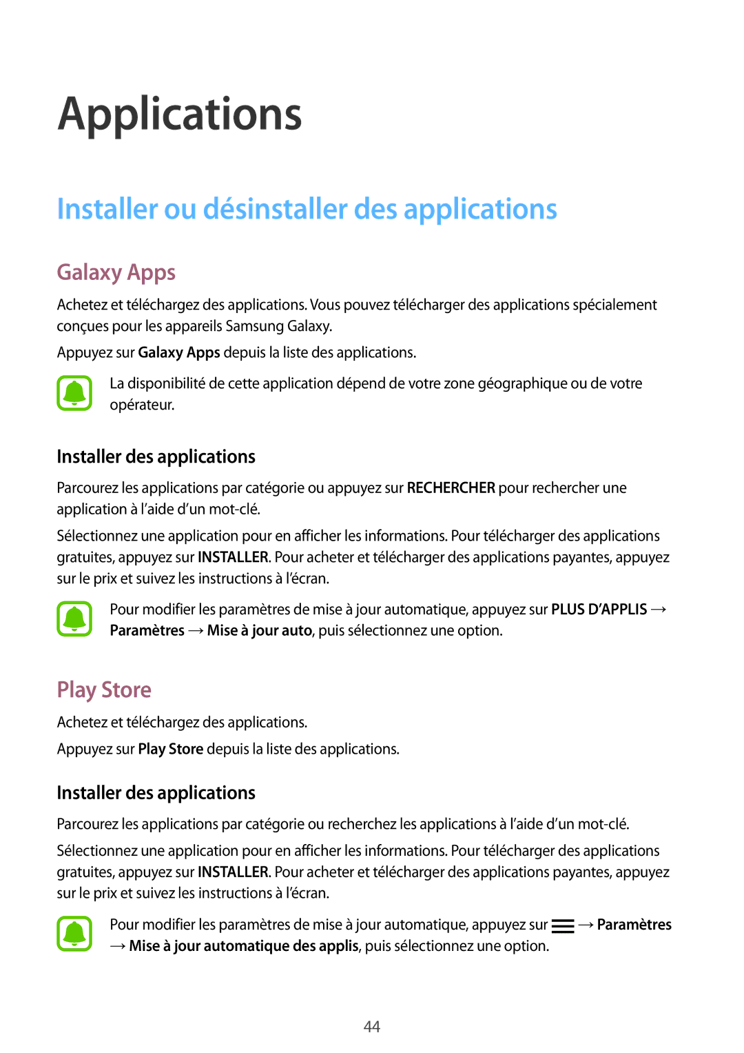 Samsung SM-G920FZWAXEF Installer ou désinstaller des applications, Galaxy Apps, Play Store, Installer des applications 