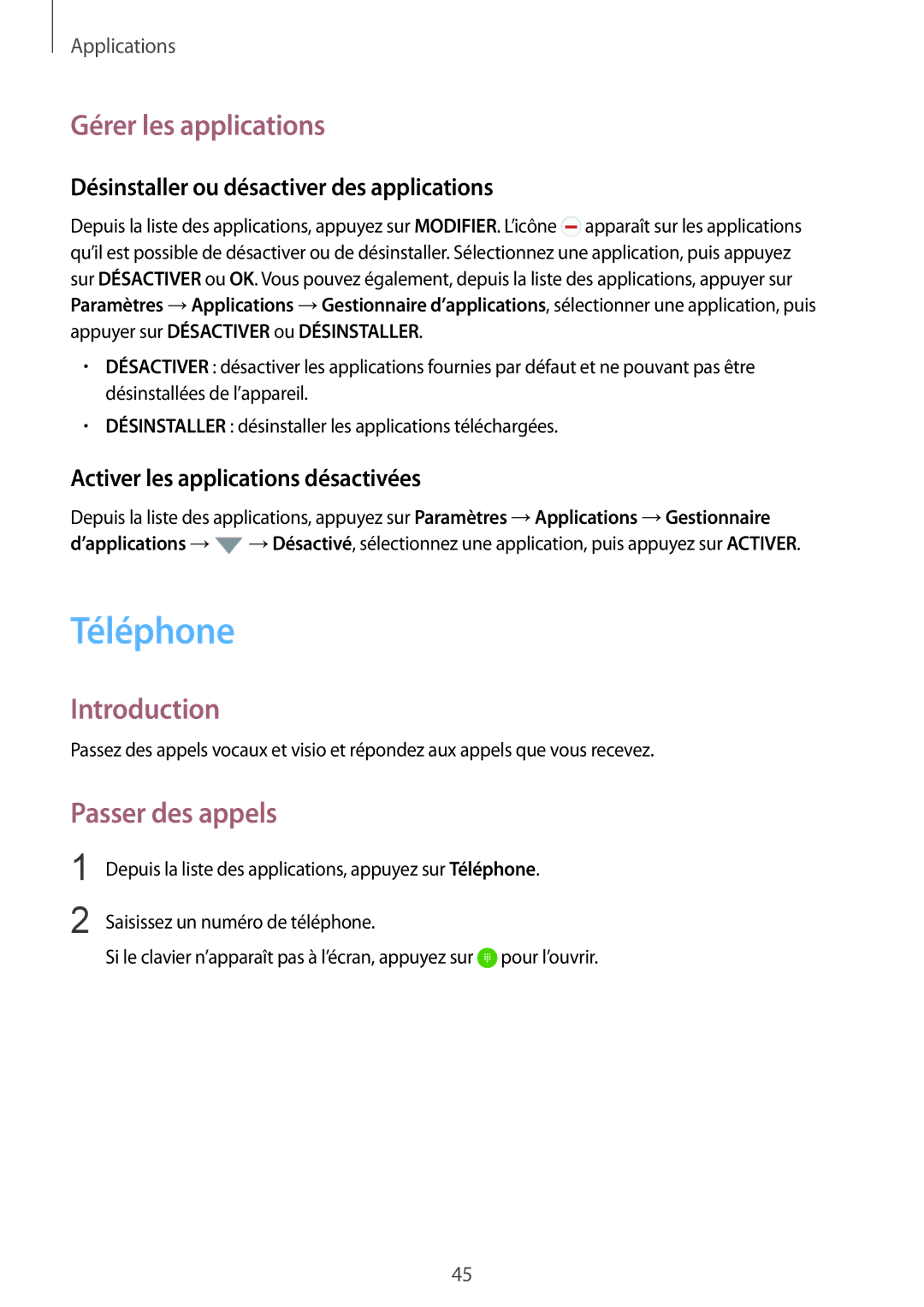 Samsung SM-G920FZKAXEF Téléphone, Gérer les applications, Passer des appels, Désinstaller ou désactiver des applications 