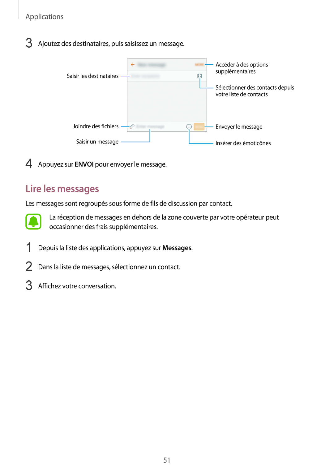 Samsung SM-G920FZDAXEF, SM-G920FZWAXEF manual Lire les messages, Ajoutez des destinataires, puis saisissez un message 